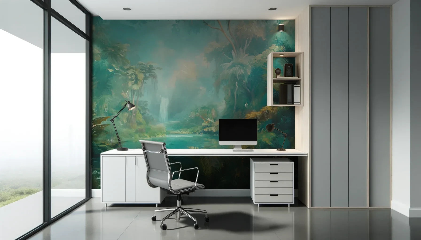 Fototapeta CRYSTAL STREAM - tapeta z mistyczną laguną w tropikalnym lesie pokazana w aranżacji biura.