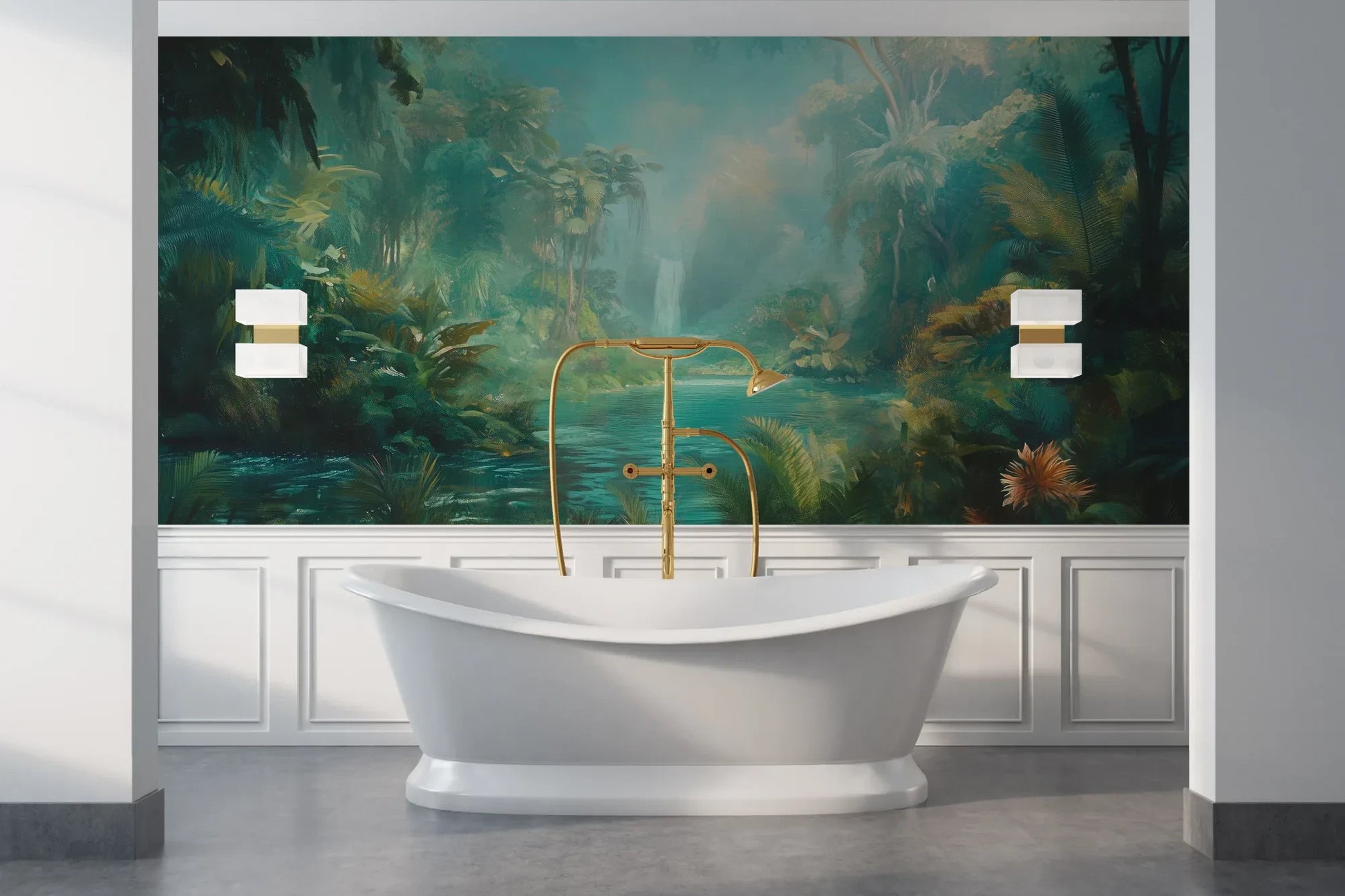 Wzór fototapety CRYSTAL STREAM - tapeta z mistyczną laguną w tropikalnym lesie pokazanej w aranżacji łazienki.