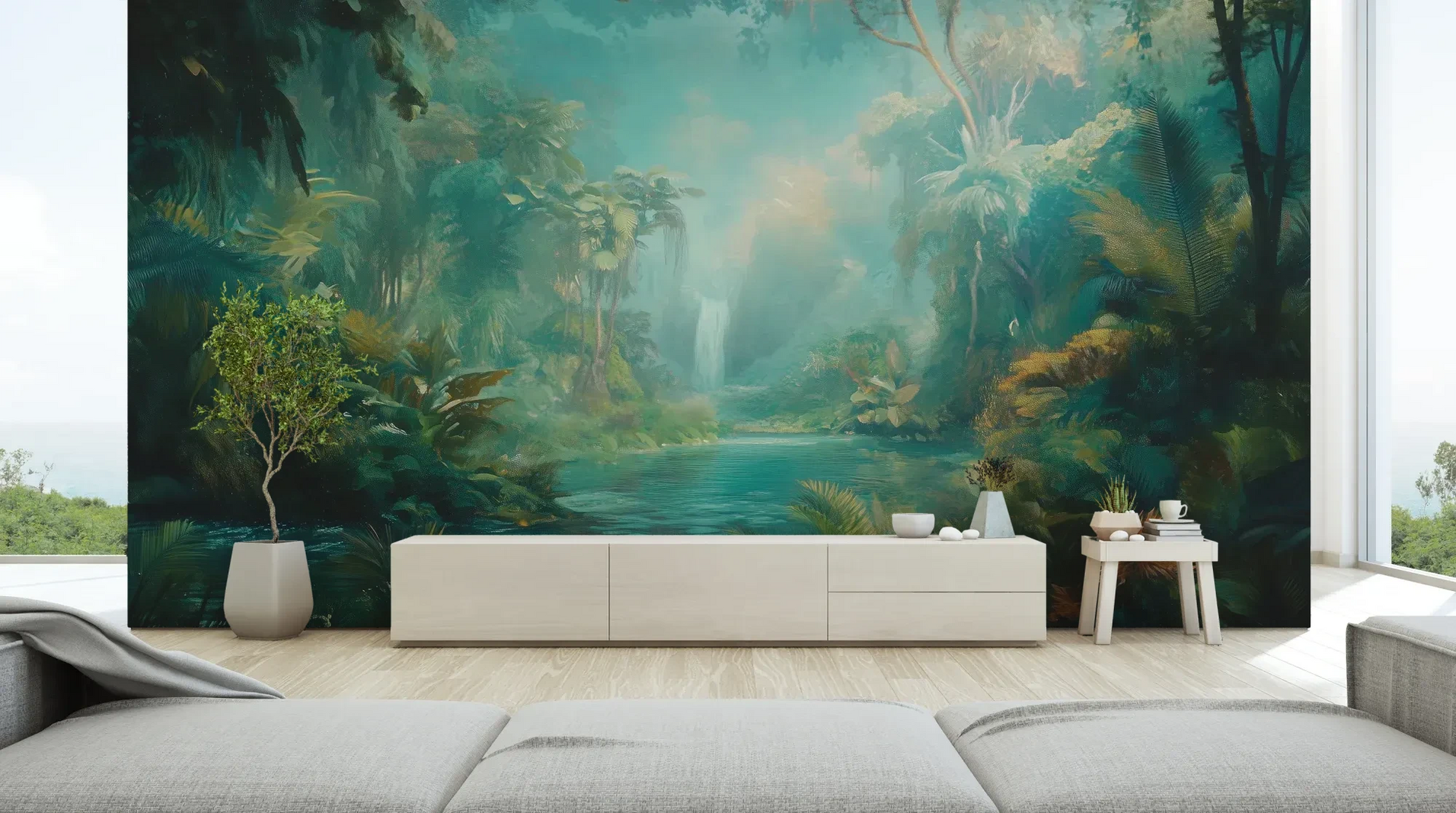 Wzór fototapety CRYSTAL STREAM - tapeta z mistyczną laguną w tropikalnym lesie pokazanej w aranżacji salonu.