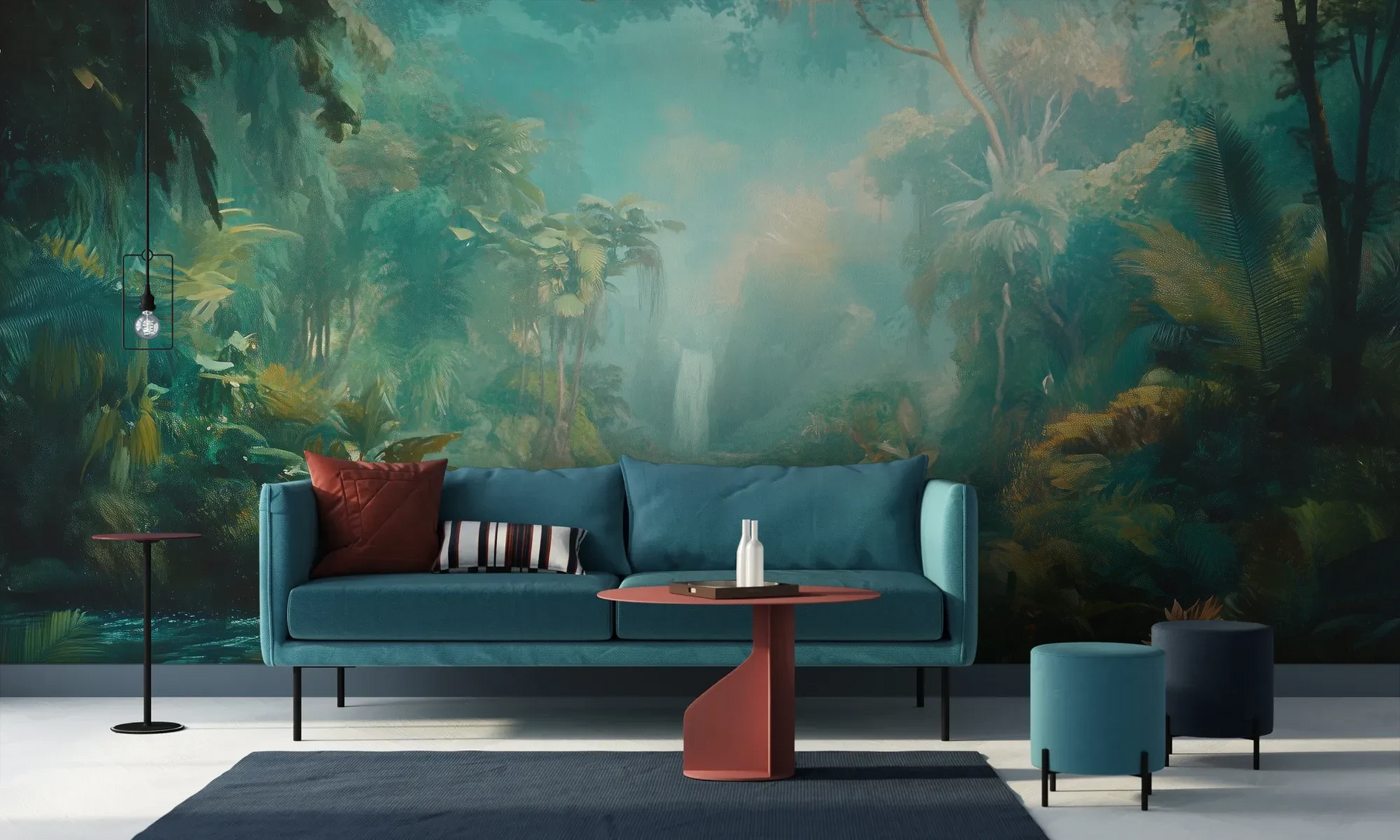 Wzór fototapety CRYSTAL STREAM - tapeta z mistyczną laguną w tropikalnym lesie pokazanej w aranżacji salonu.