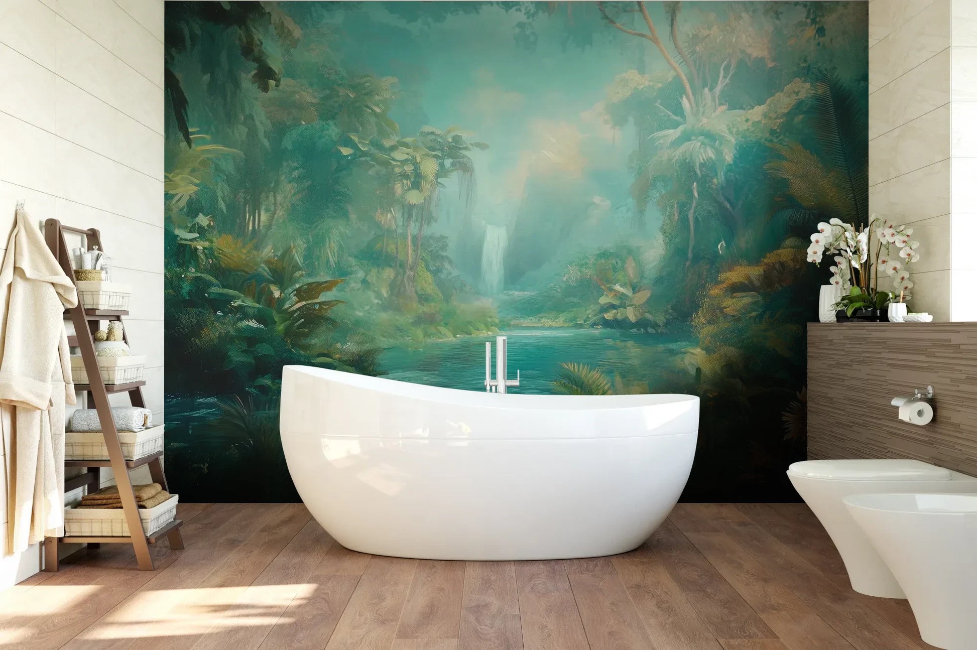 Wzór fototapety CRYSTAL STREAM - tapeta z mistyczną laguną w tropikalnym lesie pokazanej w aranżacji łazienki.