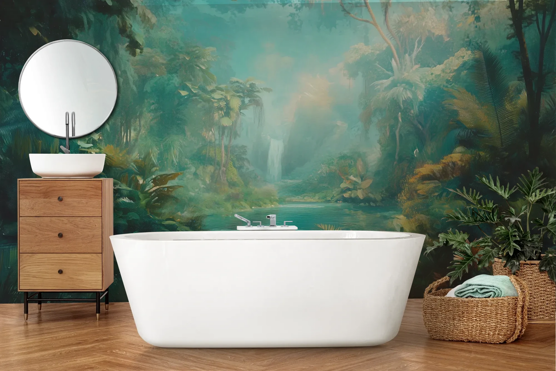Wzór fototapety CRYSTAL STREAM - tapeta z mistyczną laguną w tropikalnym lesie pokazanej w aranżacji łazienki.