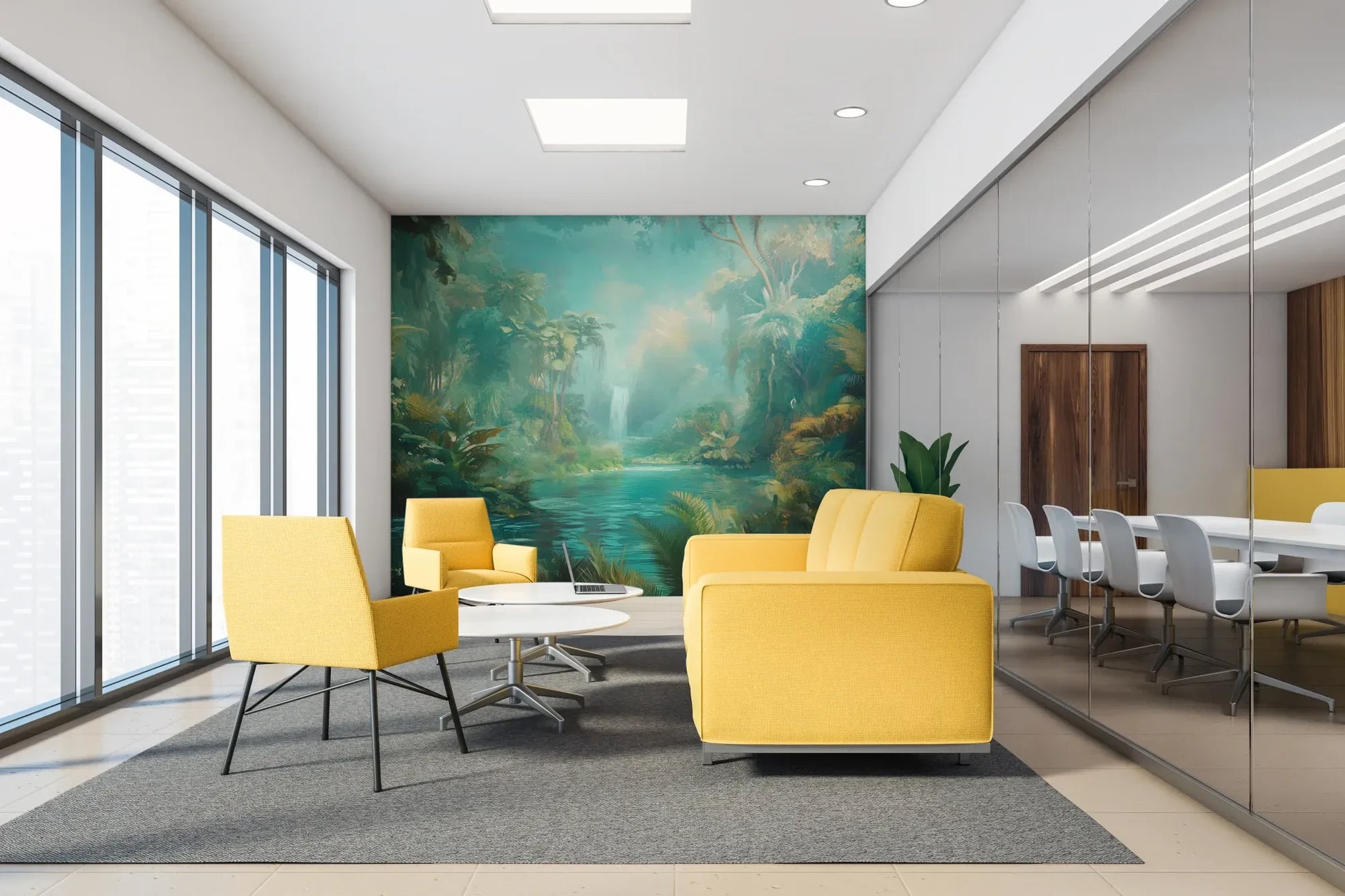 Fototapeta CRYSTAL STREAM - tapeta z mistyczną laguną w tropikalnym lesie w aranżacji wnętrza.