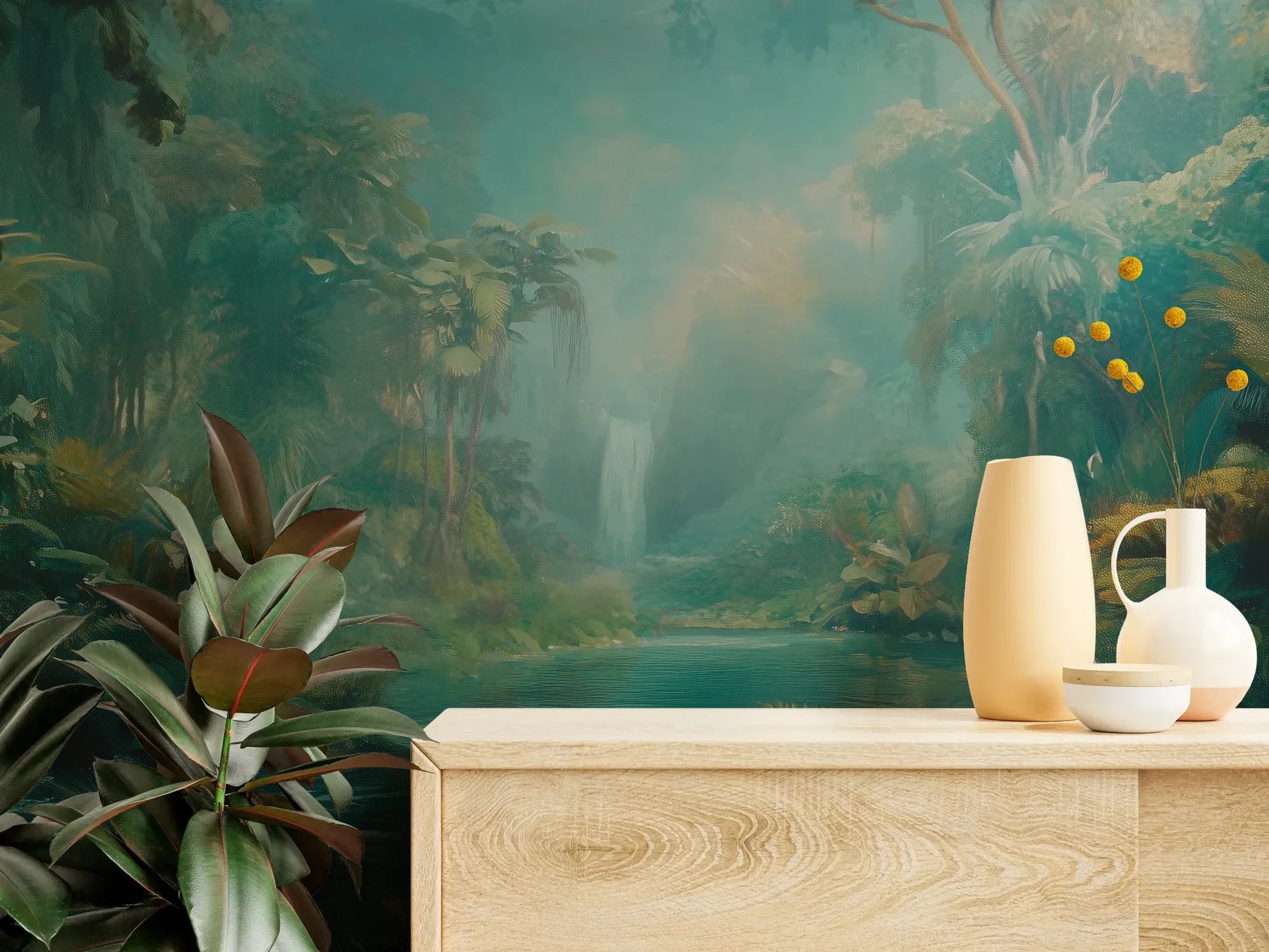 Fototapeta CRYSTAL STREAM - tapeta z mistyczną laguną w tropikalnym lesie pokazana w aranżacji wnętrza z akcentem na ścianie.