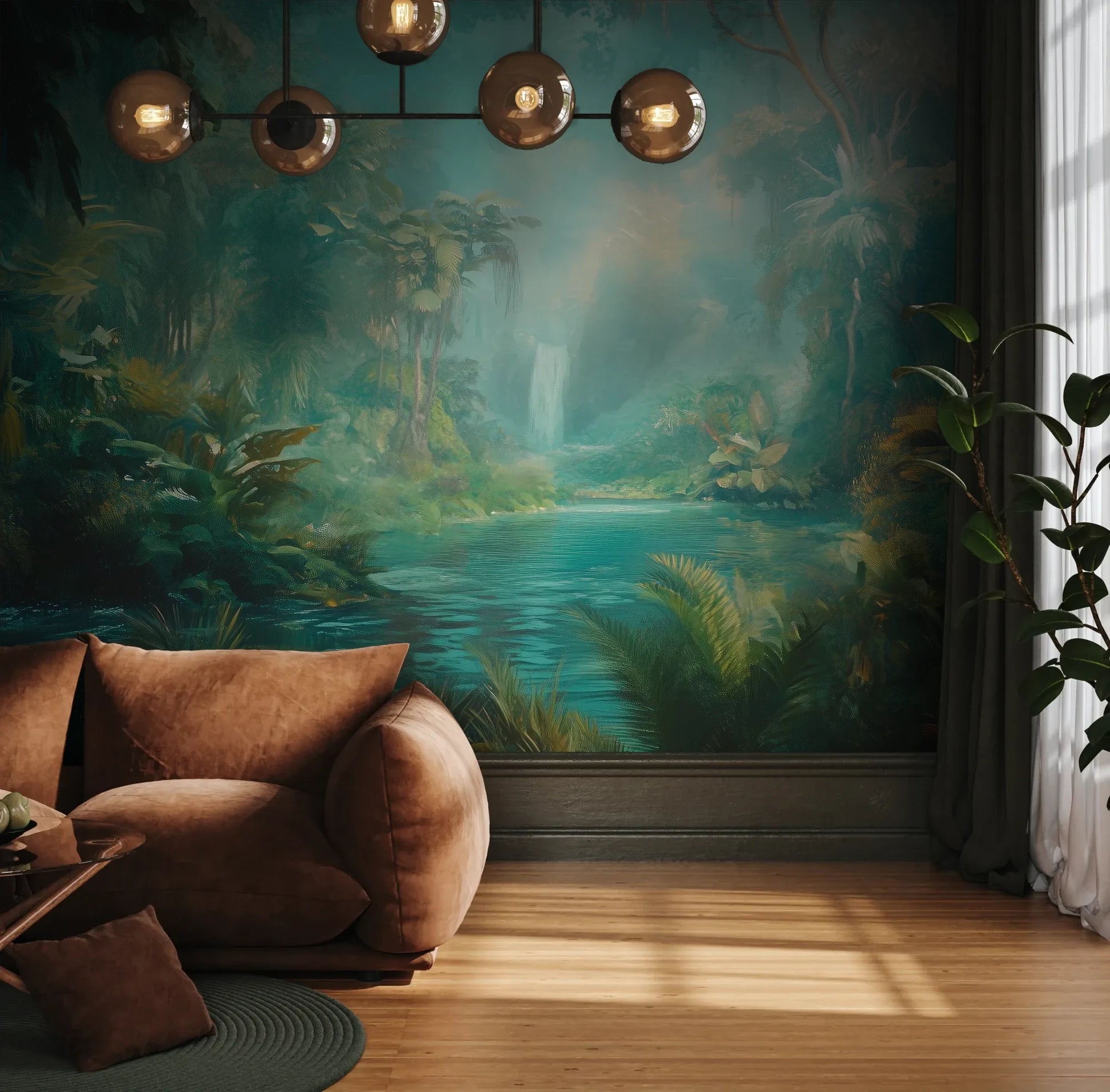 Fototapeta CRYSTAL STREAM - tapeta z mistyczną laguną w tropikalnym lesie pokazana w aranżacji wnętrza z akcentem na ścianie.