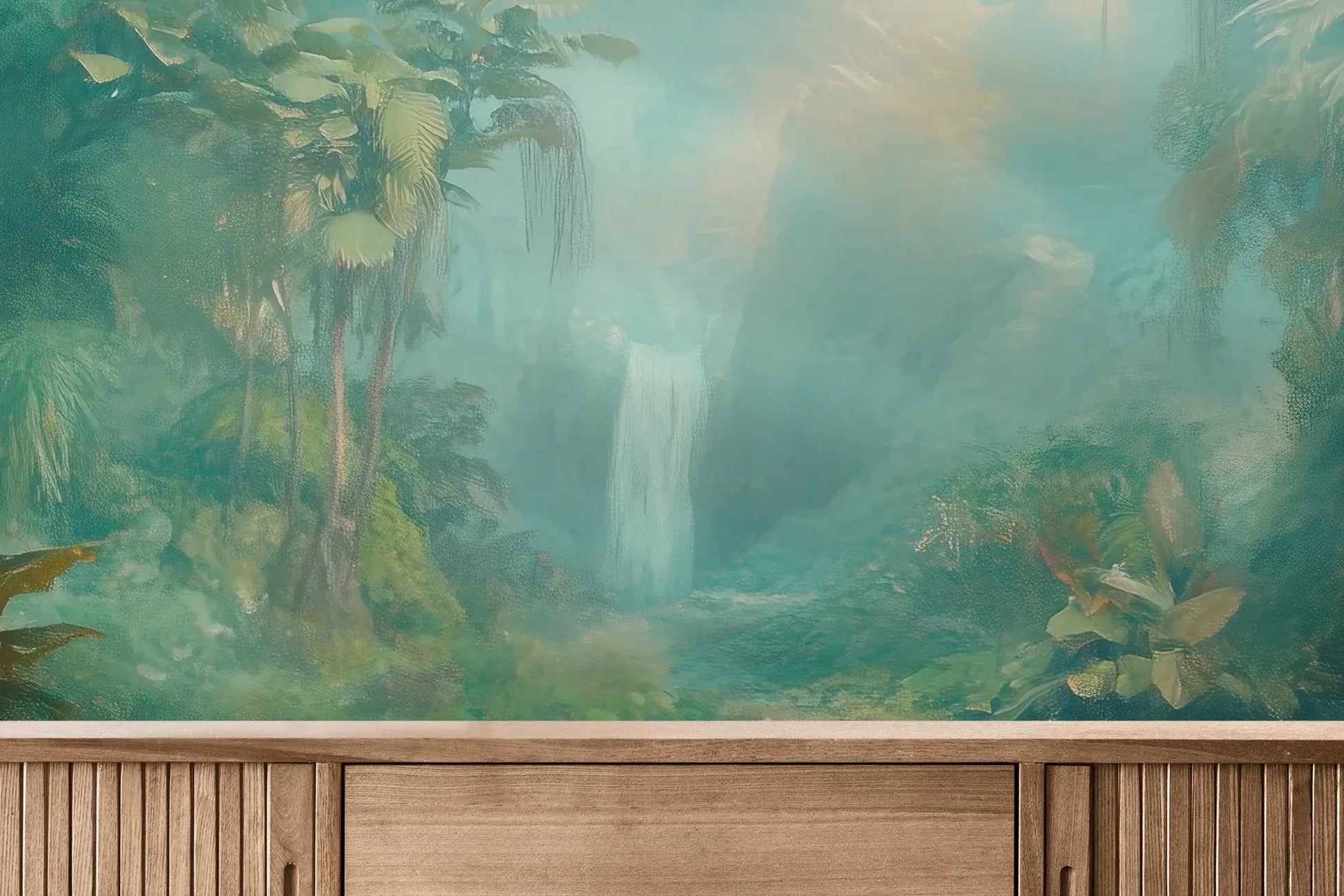 Fototapeta CRYSTAL STREAM - tapeta z mistyczną laguną w tropikalnym lesie pokazana w aranżacji wnętrza z akcentem na ścianie.