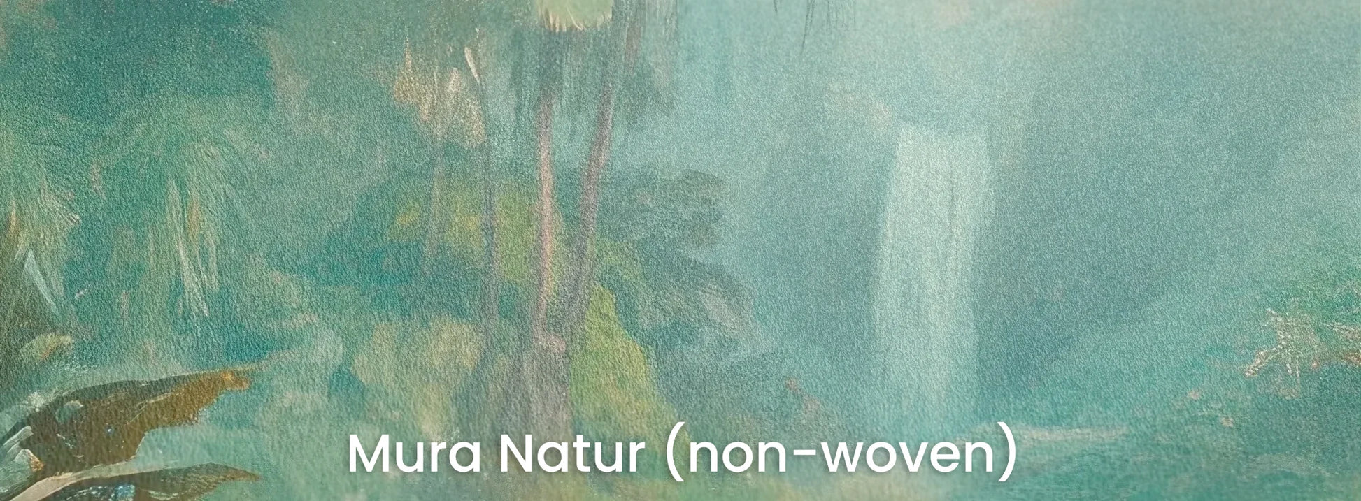 Zbliżenie na fototapetę CRYSTAL STREAM - tapeta z mistyczną laguną w tropikalnym lesie na naturalnym podłożu ekologicznym.