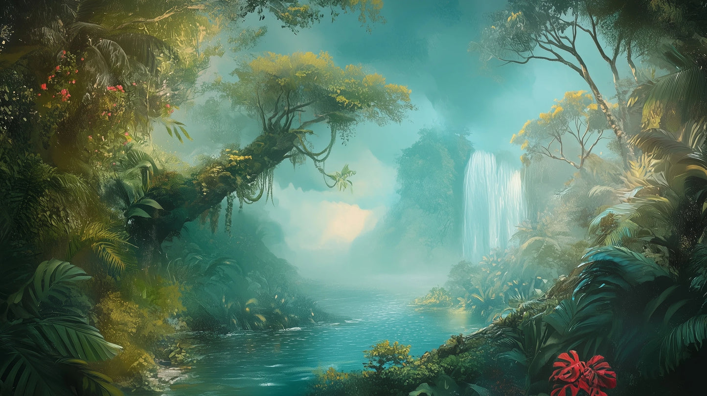 Prezentacja całego wzoru fototapety o nazwie CRYSTAL MIST - tapeta z magiczną scenerią wodospadu w turkusowej mgle