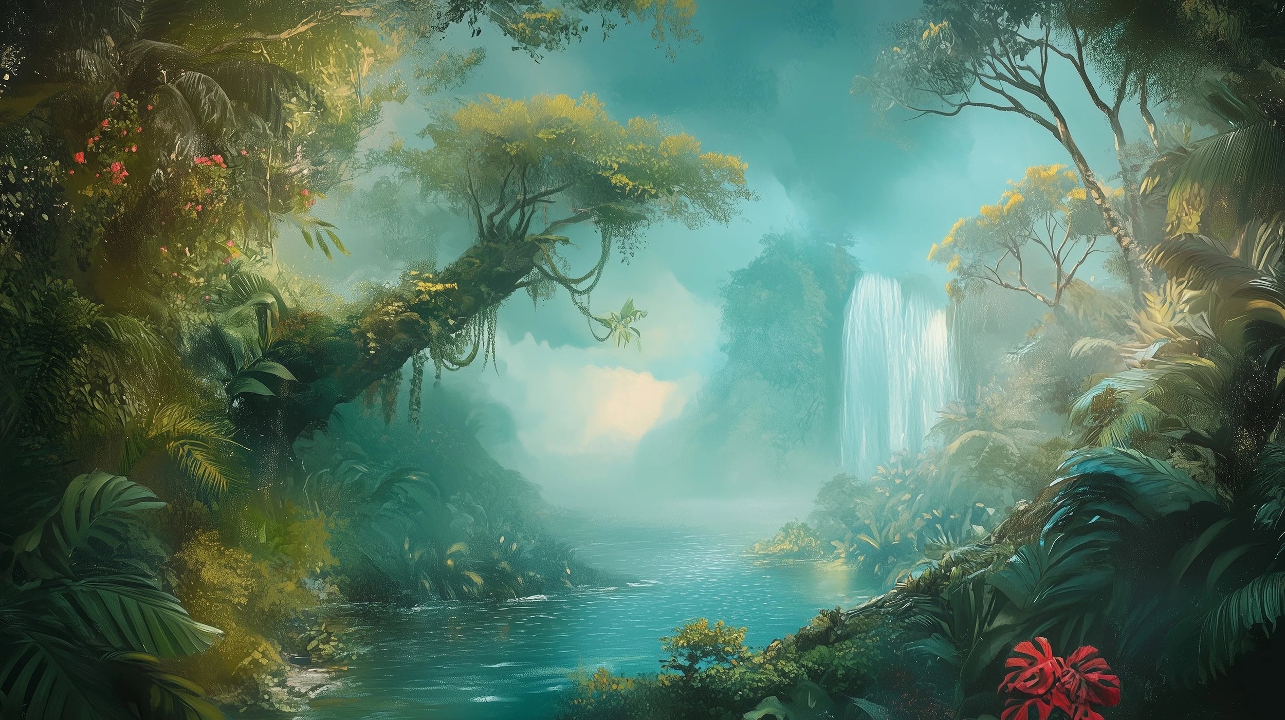 Mustervorschau: Prezentacja całego wzoru fototapety o nazwie CRYSTAL MIST - tapeta z magiczną scenerią wodospadu w turkusowej mgle
