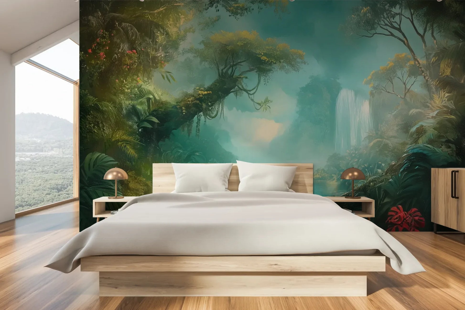 Wzór fototapety CRYSTAL MIST - tapeta z magiczną scenerią wodospadu w turkusowej mgle pokazanej w aranżacji sypialni.