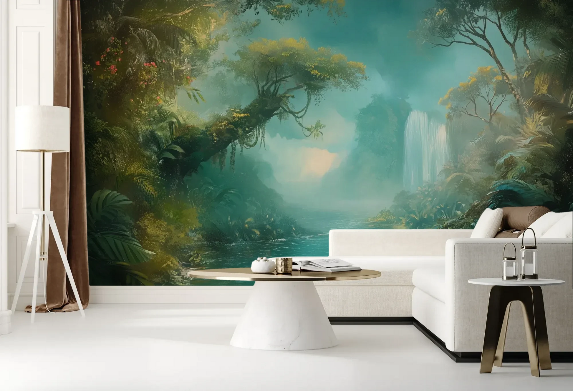 Wzór fototapety CRYSTAL MIST - tapeta z magiczną scenerią wodospadu w turkusowej mgle pokazanej w aranżacji salonu.