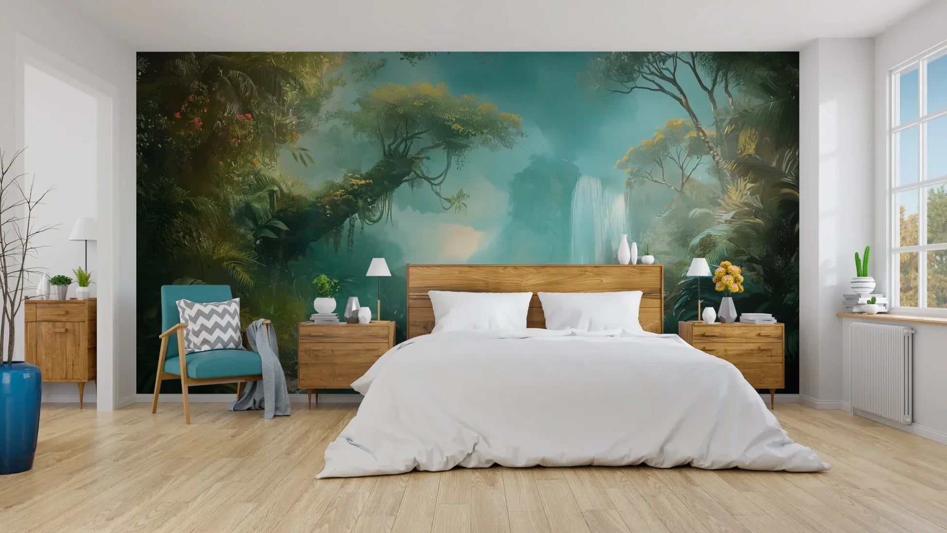 Wzór fototapety CRYSTAL MIST - tapeta z magiczną scenerią wodospadu w turkusowej mgle pokazanej w aranżacji sypialni.