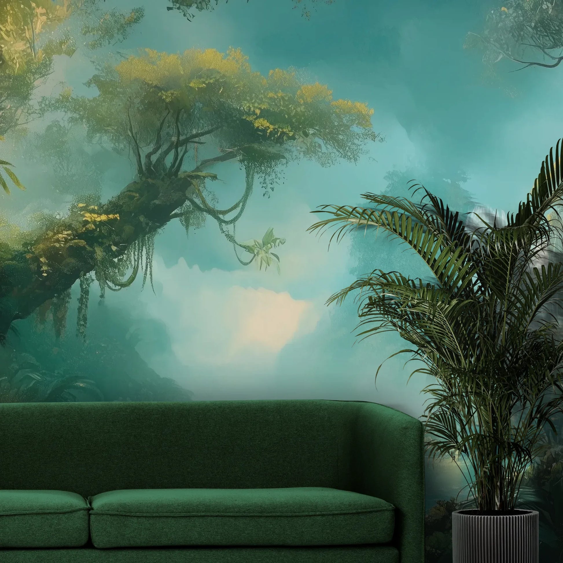 Fototapeta CRYSTAL MIST - tapeta z magiczną scenerią wodospadu w turkusowej mgle pokazana w aranżacji wnętrza z akcentem na ścianie.