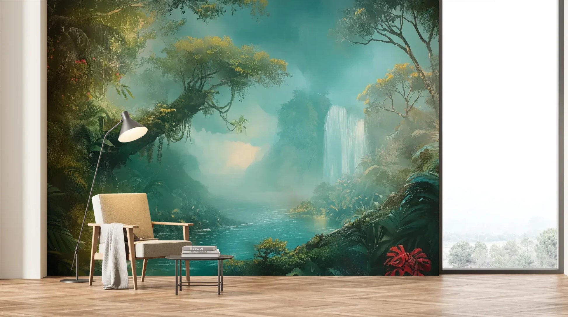 Wzór fototapety CRYSTAL MIST - tapeta z magiczną scenerią wodospadu w turkusowej mgle pokazanej w aranżacji salonu.