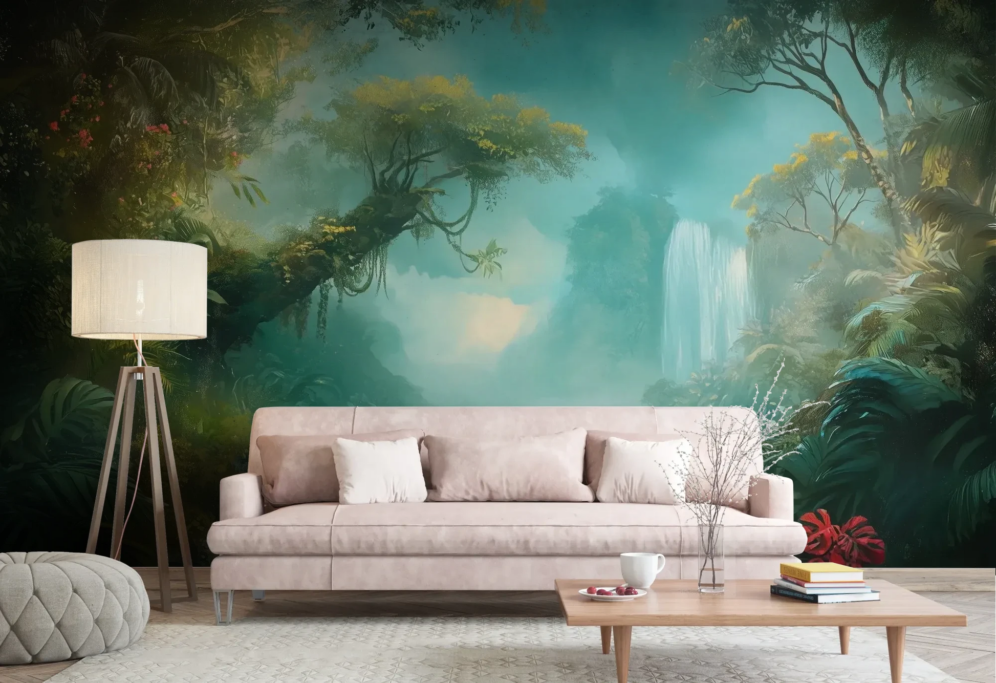 Wzór fototapety CRYSTAL MIST - tapeta z magiczną scenerią wodospadu w turkusowej mgle pokazanej w aranżacji salonu.