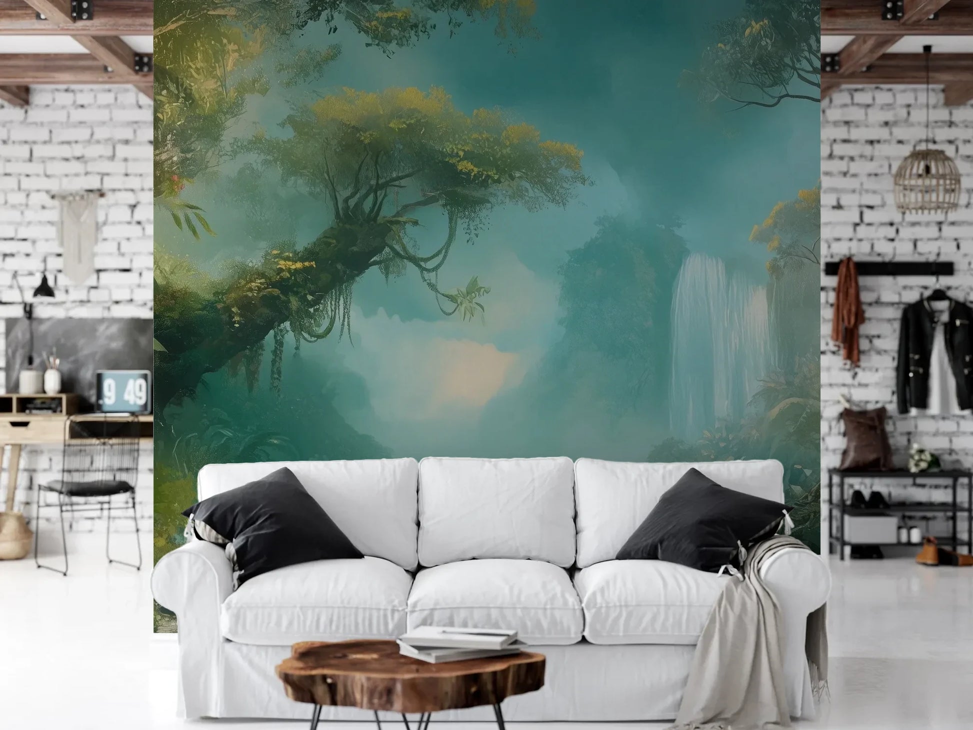 Wzór fototapety CRYSTAL MIST - tapeta z magiczną scenerią wodospadu w turkusowej mgle pokazanej w aranżacji salonu.