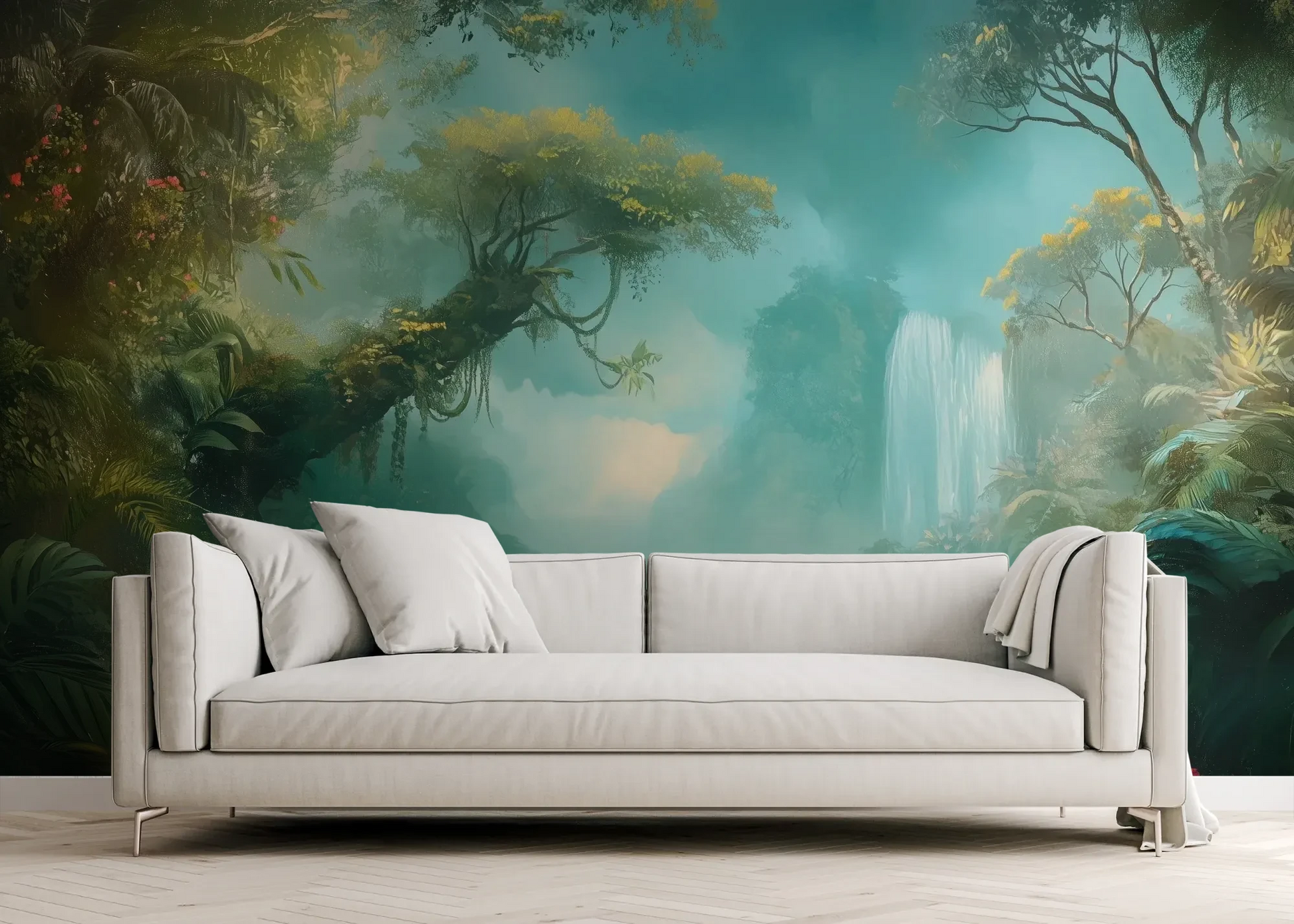 Wzór fototapety CRYSTAL MIST - tapeta z magiczną scenerią wodospadu w turkusowej mgle pokazanej w aranżacji salonu.