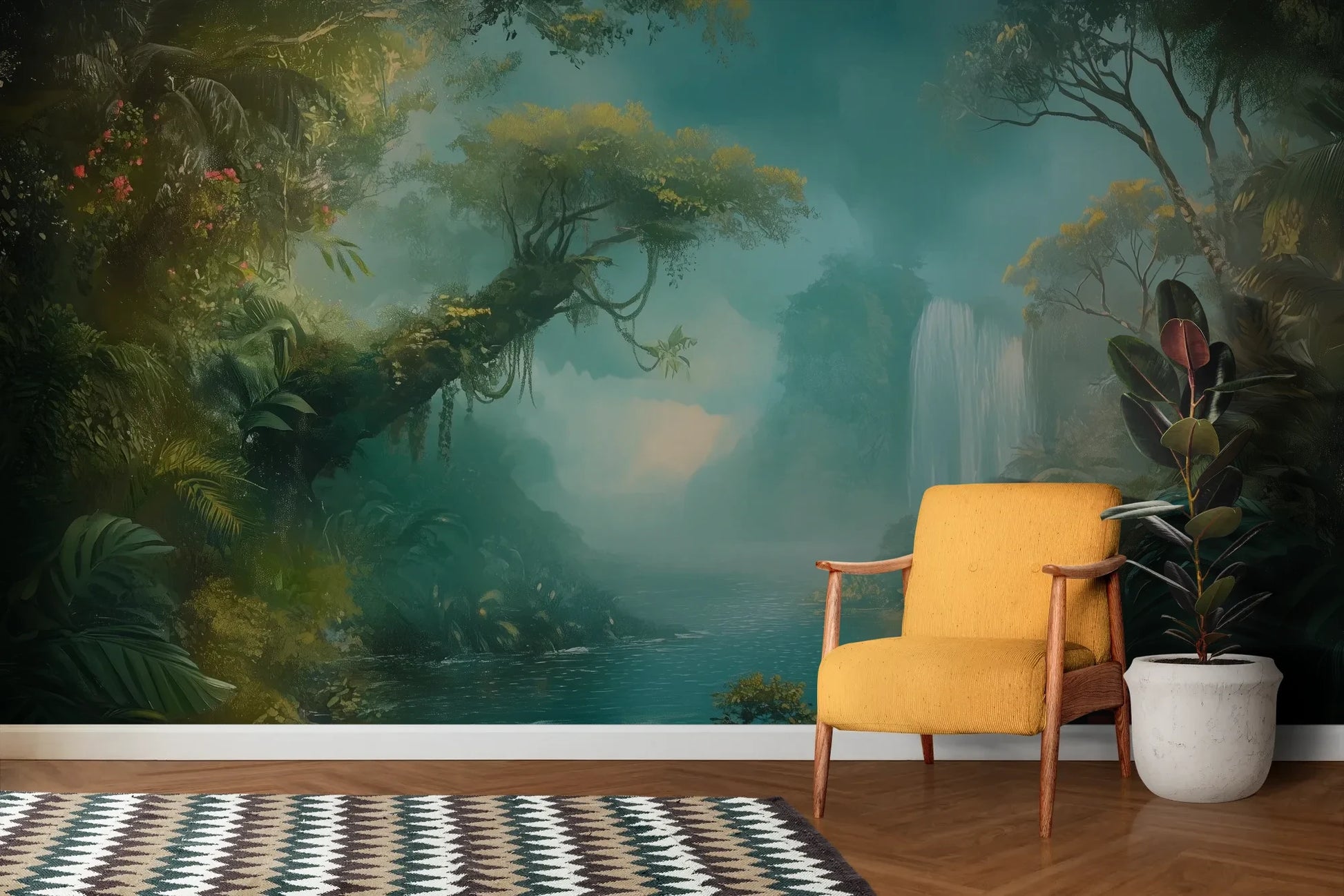 Wzór fototapety CRYSTAL MIST - tapeta z magiczną scenerią wodospadu w turkusowej mgle pokazanej w aranżacji salonu.