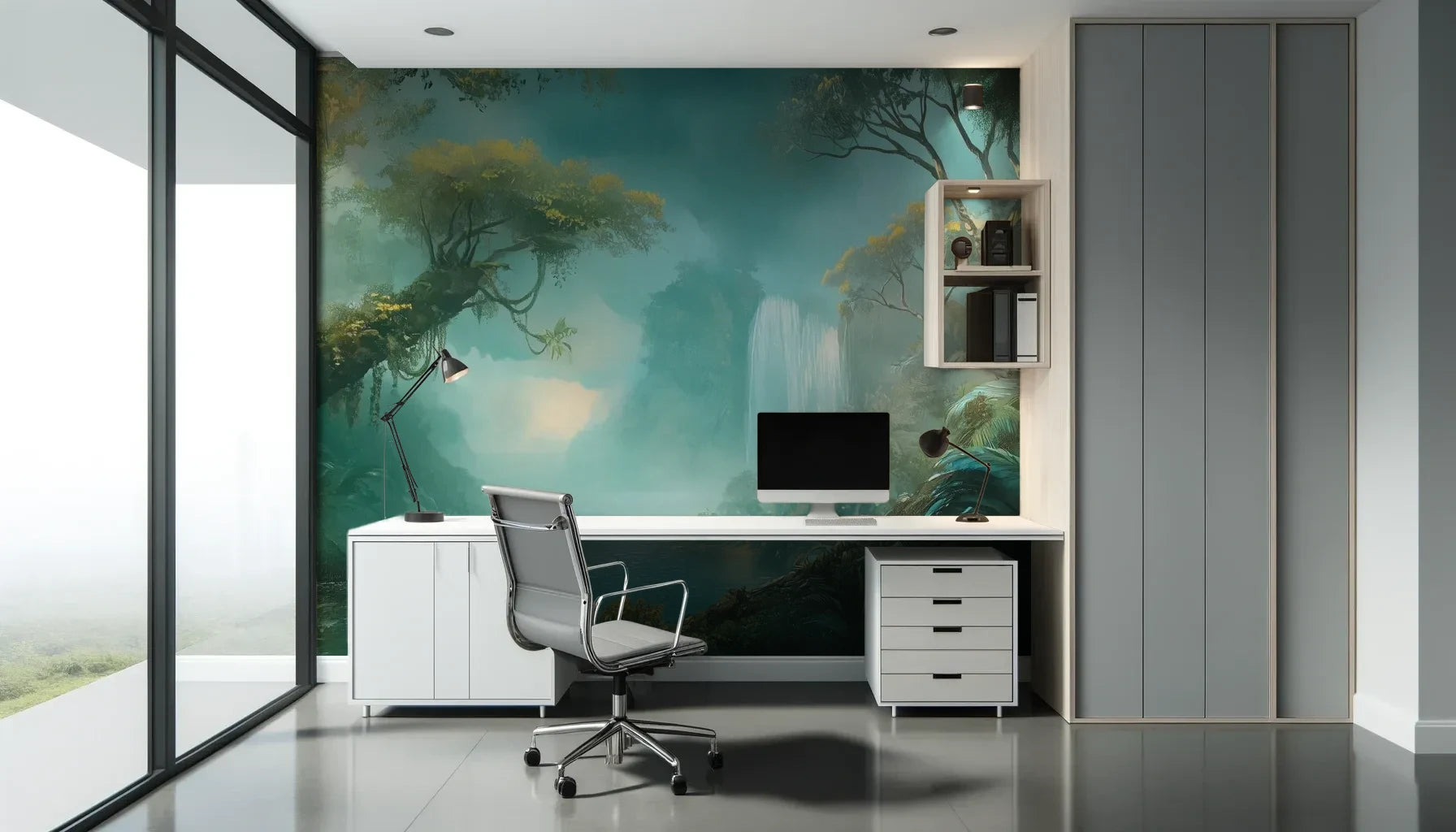 Fototapeta CRYSTAL MIST - tapeta z magiczną scenerią wodospadu w turkusowej mgle pokazana w aranżacji biura.