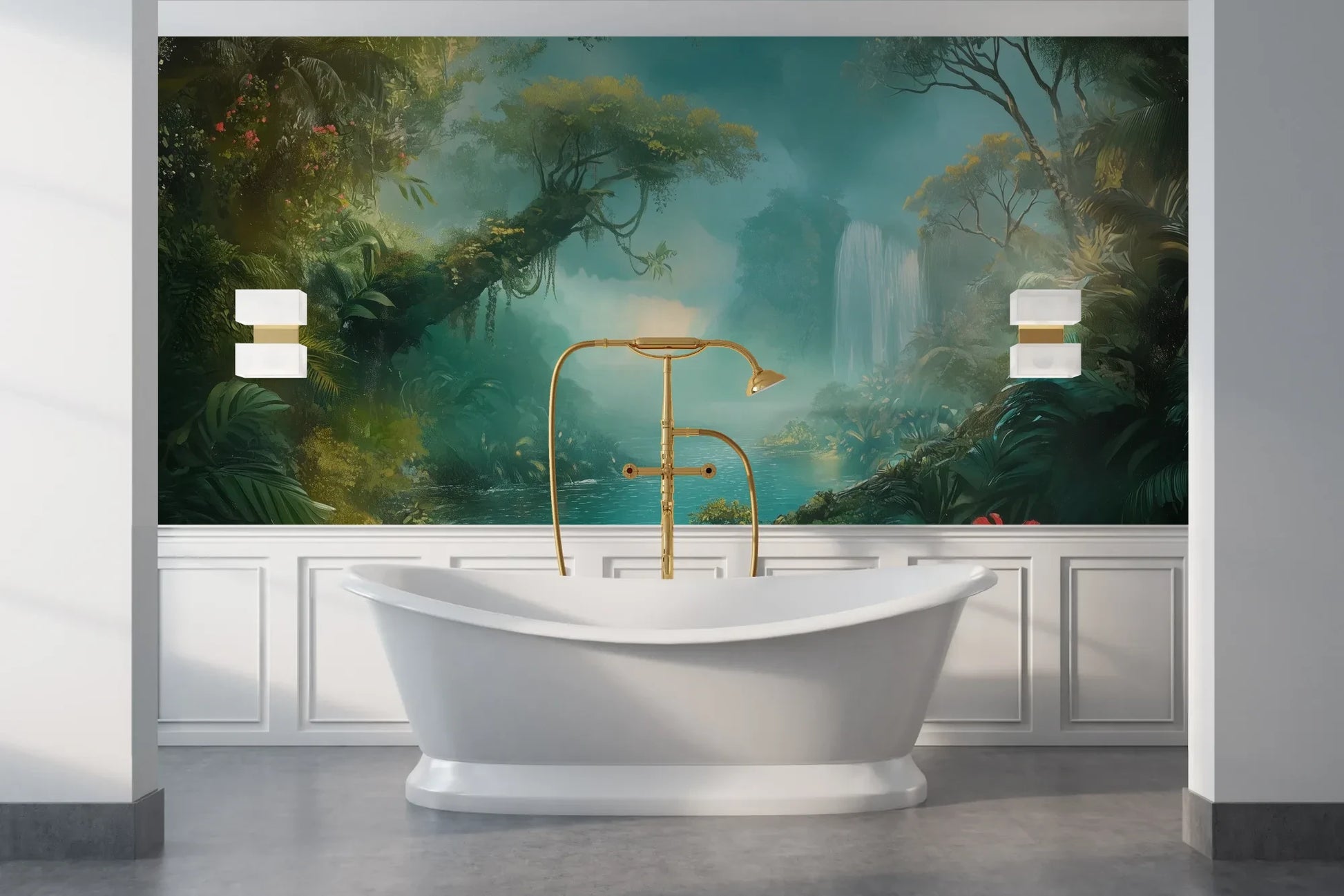 Wzór fototapety CRYSTAL MIST - tapeta z magiczną scenerią wodospadu w turkusowej mgle pokazanej w aranżacji łazienki.