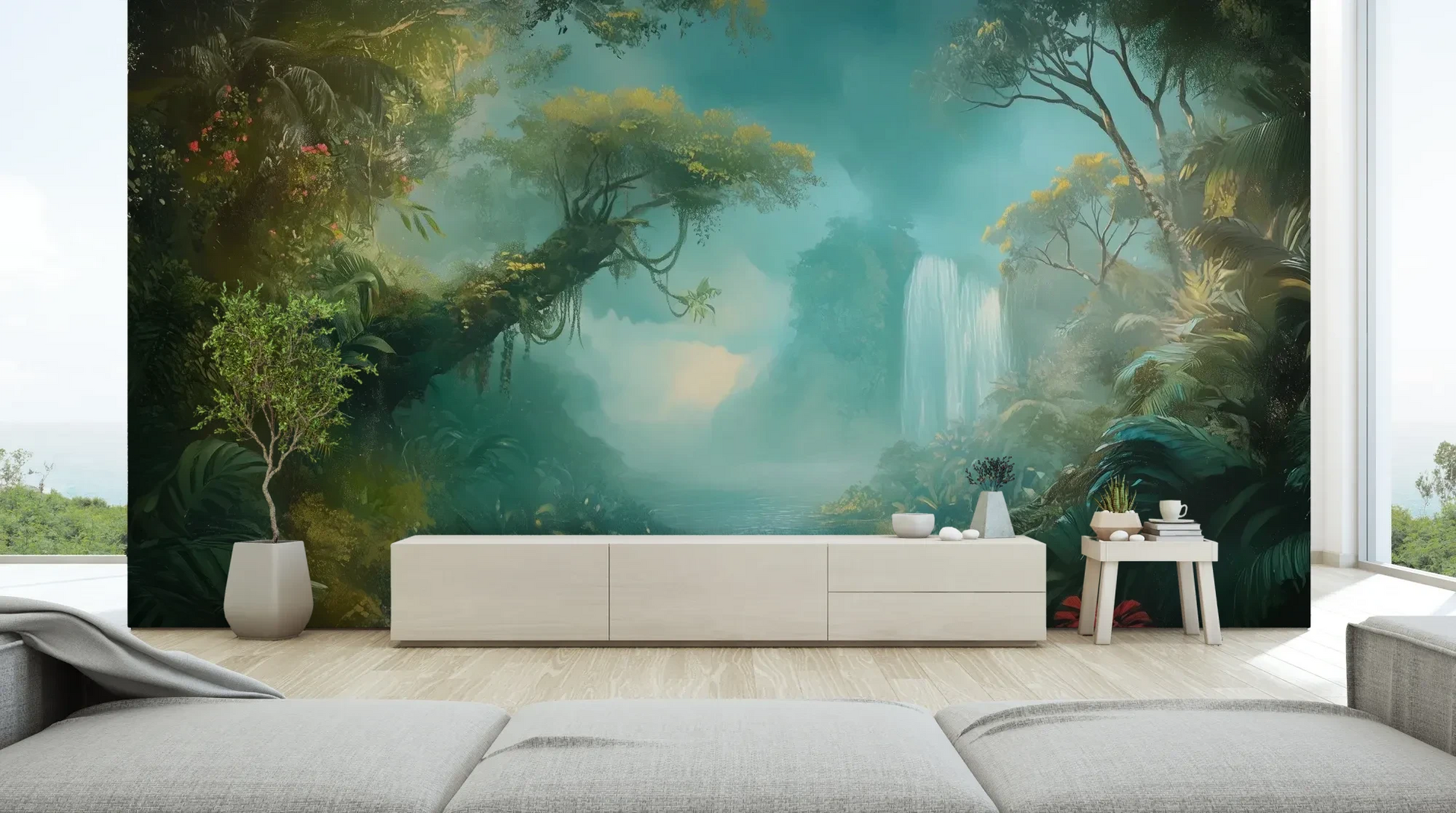 Wzór fototapety CRYSTAL MIST - tapeta z magiczną scenerią wodospadu w turkusowej mgle pokazanej w aranżacji salonu.