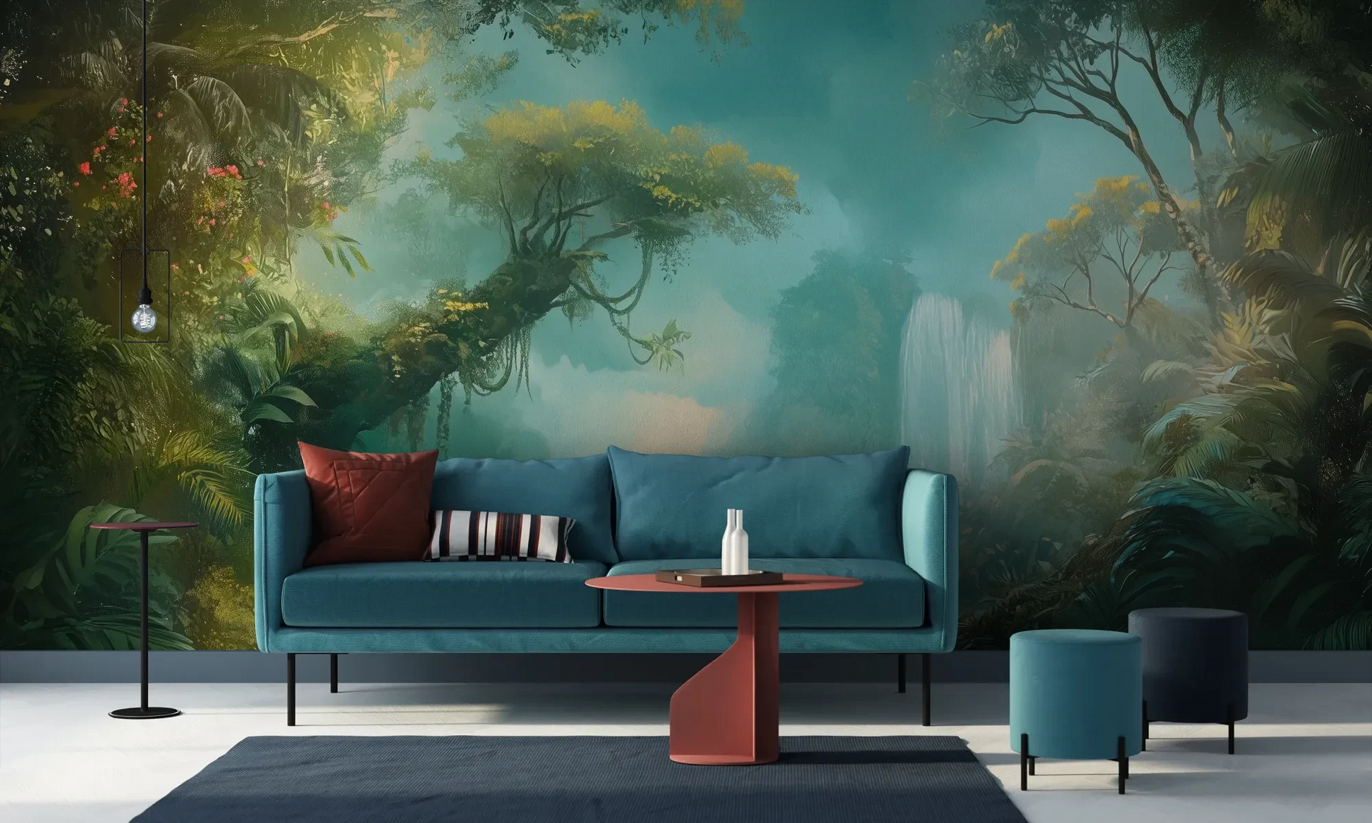 Wzór fototapety CRYSTAL MIST - tapeta z magiczną scenerią wodospadu w turkusowej mgle pokazanej w aranżacji salonu.