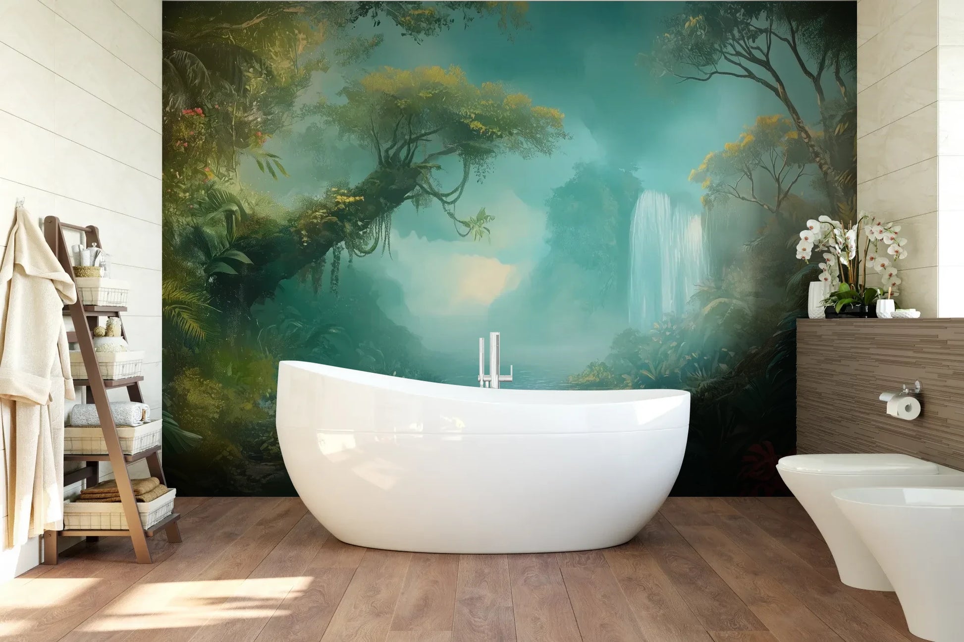 Wzór fototapety CRYSTAL MIST - tapeta z magiczną scenerią wodospadu w turkusowej mgle pokazanej w aranżacji łazienki.