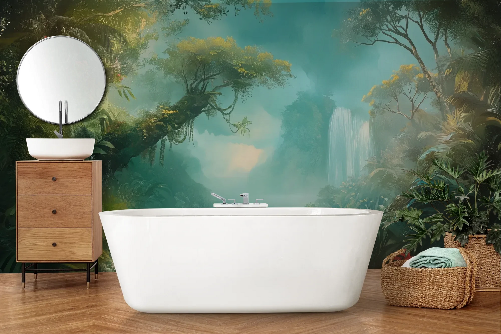 Wzór fototapety CRYSTAL MIST - tapeta z magiczną scenerią wodospadu w turkusowej mgle pokazanej w aranżacji łazienki.