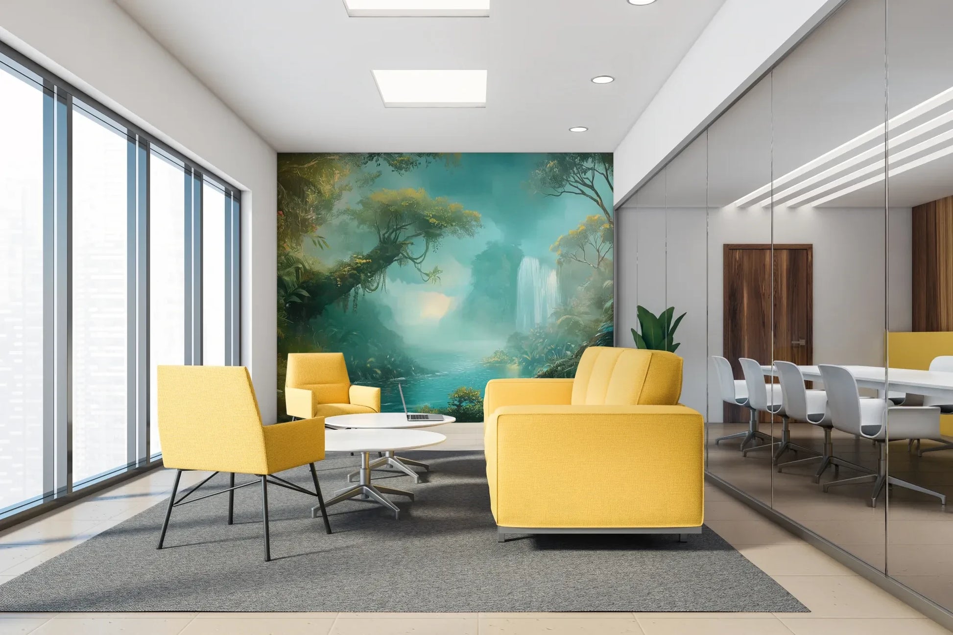 Fototapeta CRYSTAL MIST - tapeta z magiczną scenerią wodospadu w turkusowej mgle w aranżacji wnętrza.