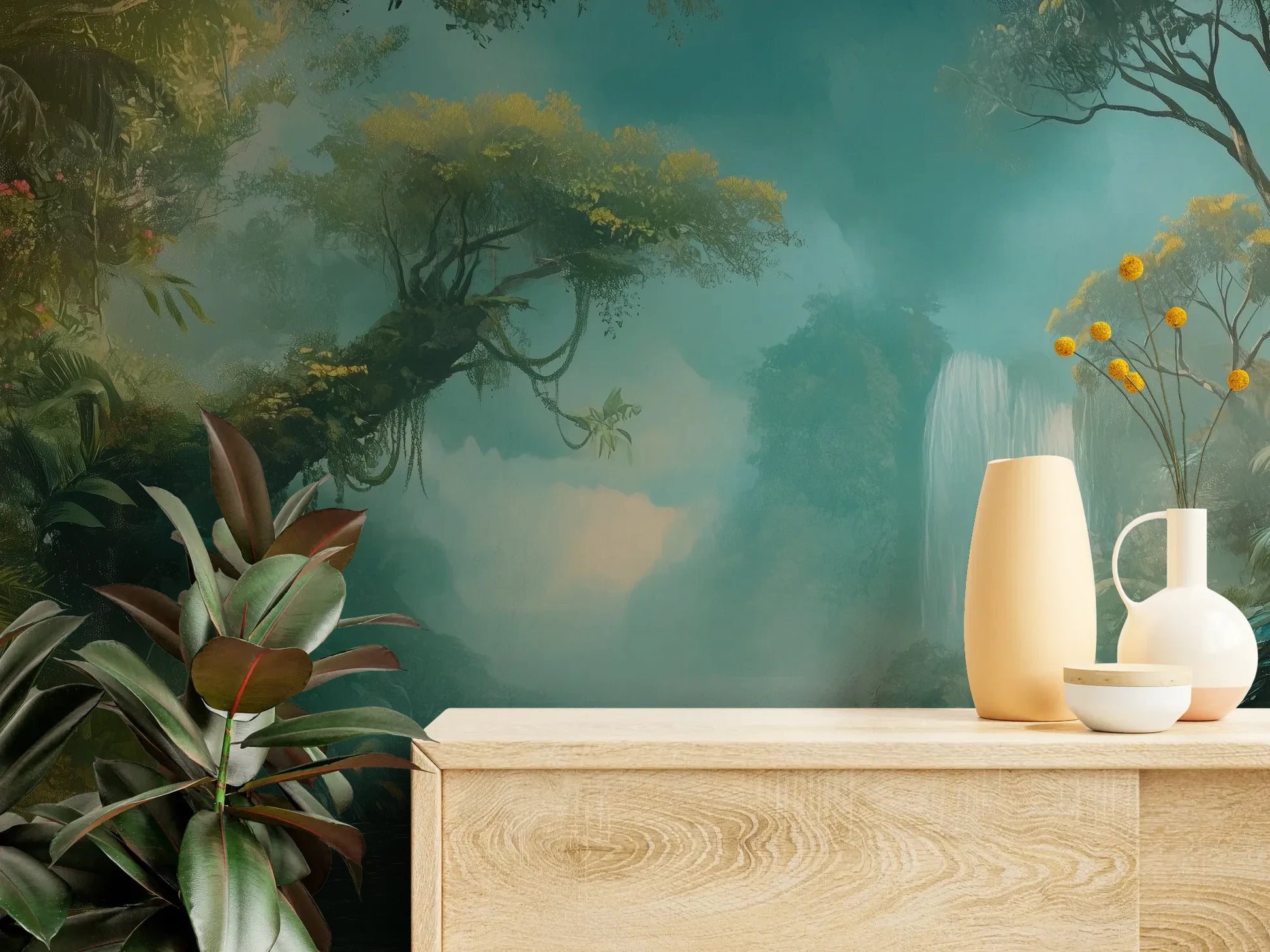 Fototapeta CRYSTAL MIST - tapeta z magiczną scenerią wodospadu w turkusowej mgle pokazana w aranżacji wnętrza z akcentem na ścianie.