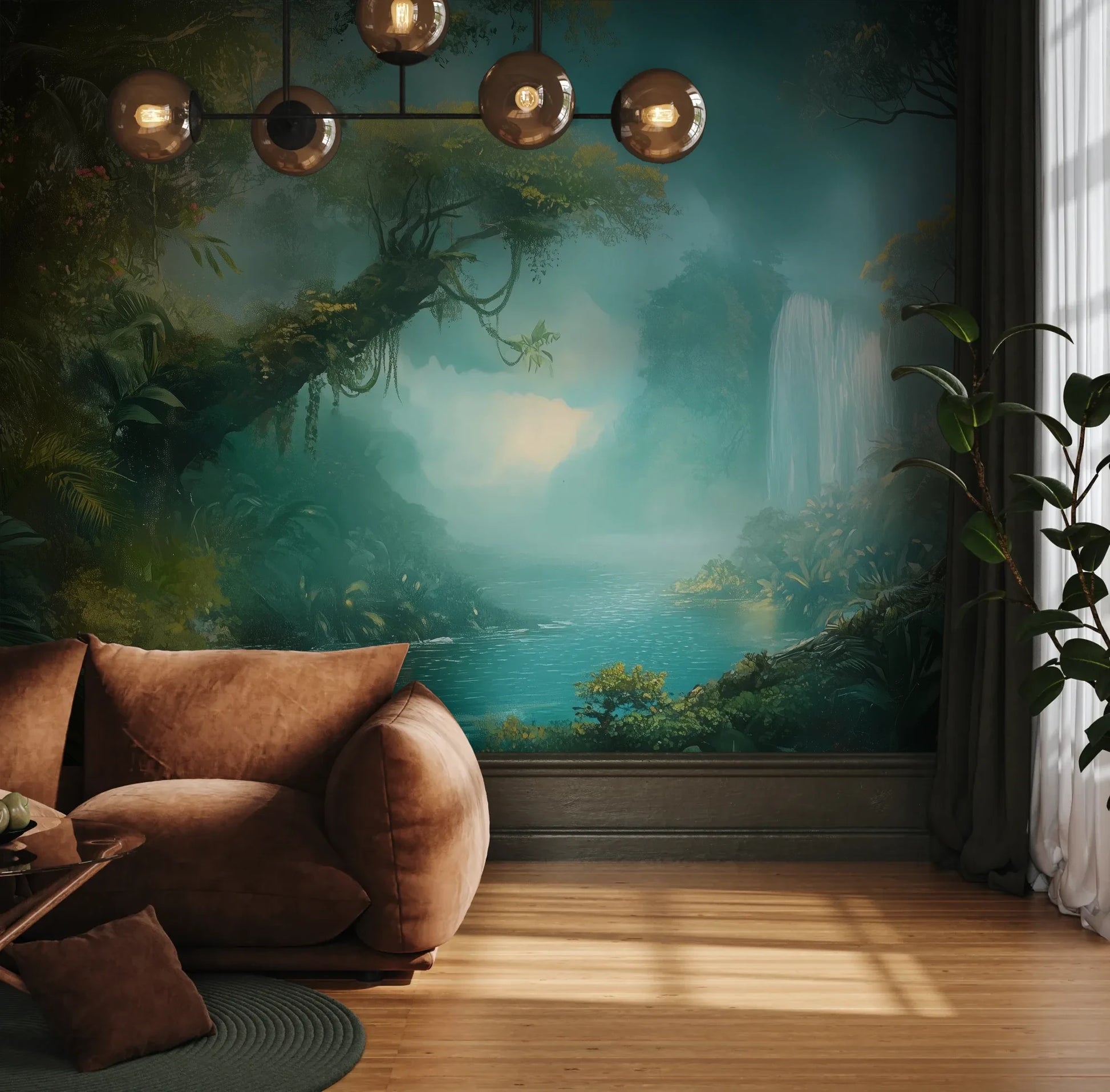 Fototapeta CRYSTAL MIST - tapeta z magiczną scenerią wodospadu w turkusowej mgle pokazana w aranżacji wnętrza z akcentem na ścianie.