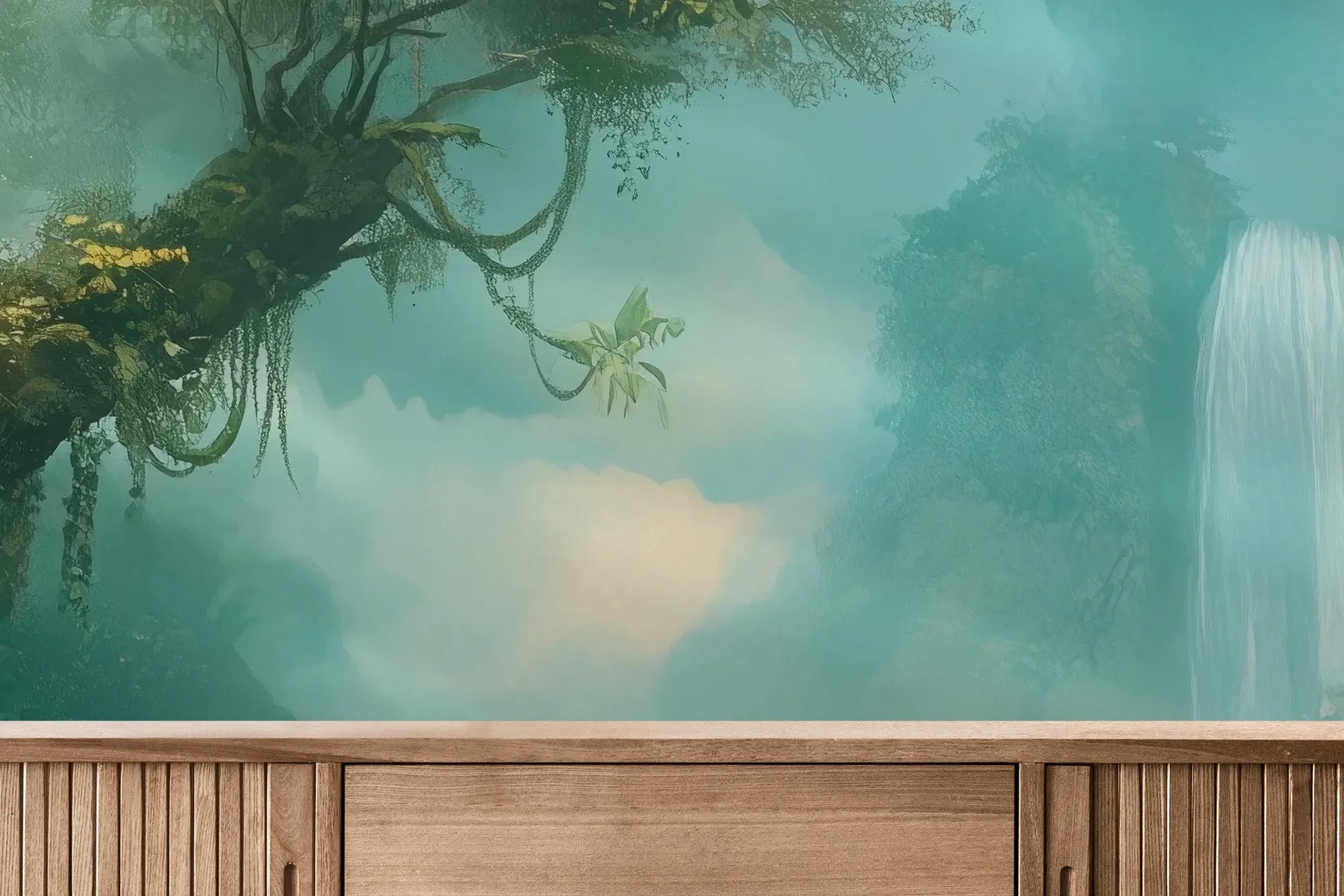 Fototapeta CRYSTAL MIST - tapeta z magiczną scenerią wodospadu w turkusowej mgle pokazana w aranżacji wnętrza z akcentem na ścianie.