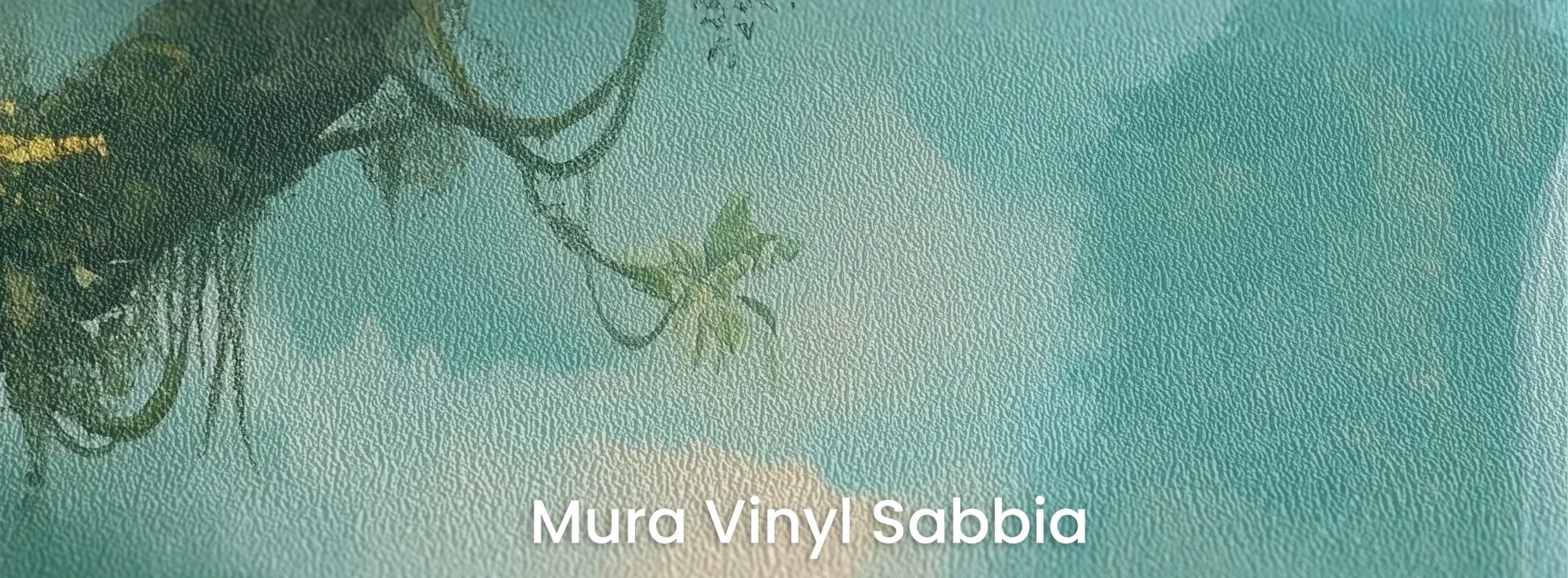 Zbliżenie na fototapetę CRYSTAL MIST - tapeta z magiczną scenerią wodospadu w turkusowej mgle na podłożu o strukturze ziarna piasku.