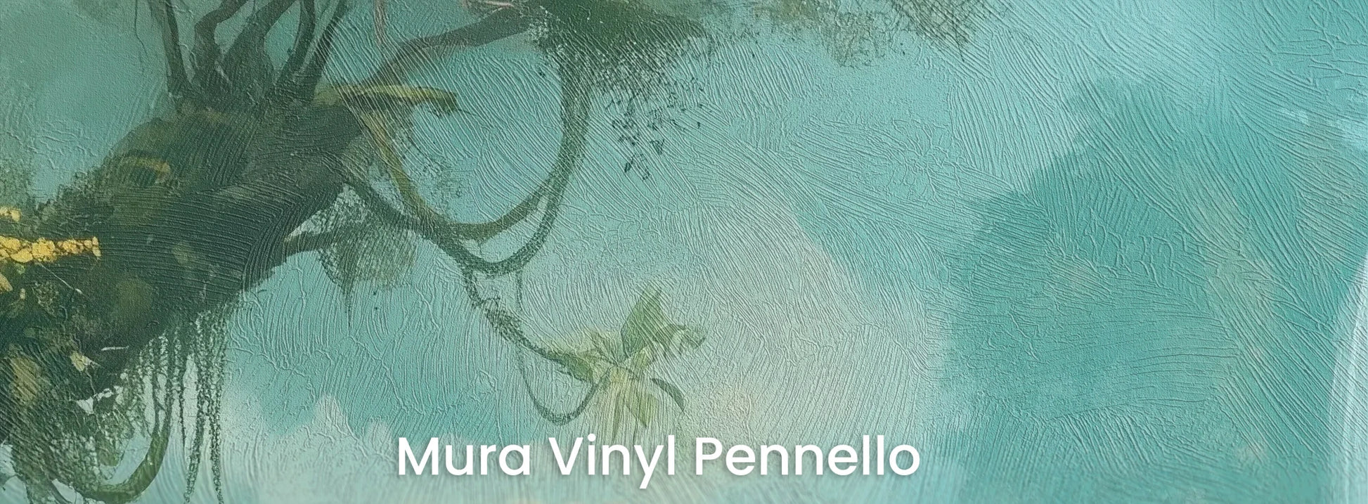 Zbliżenie na fototapetę CRYSTAL MIST - tapeta z magiczną scenerią wodospadu w turkusowej mgle na podłożu o fakturze pociągnięć pędzla.