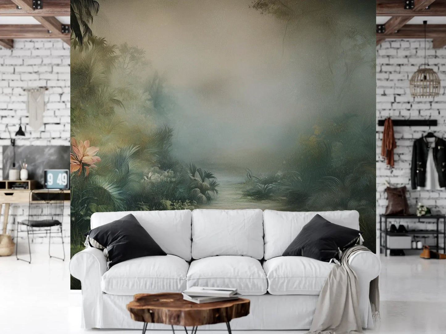 Wzór fototapety MYSTICAL DAWN - tapeta z tropikalną mglistą scenerią pokazanej w aranżacji salonu.