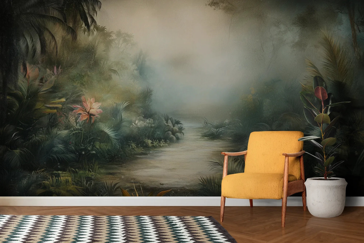 Wzór fototapety MYSTICAL DAWN - tapeta z tropikalną mglistą scenerią pokazanej w aranżacji salonu.