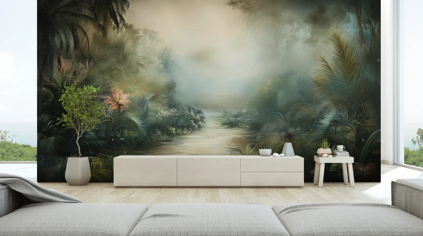 Wzór fototapety MYSTICAL DAWN - tapeta z tropikalną mglistą scenerią pokazanej w aranżacji salonu.