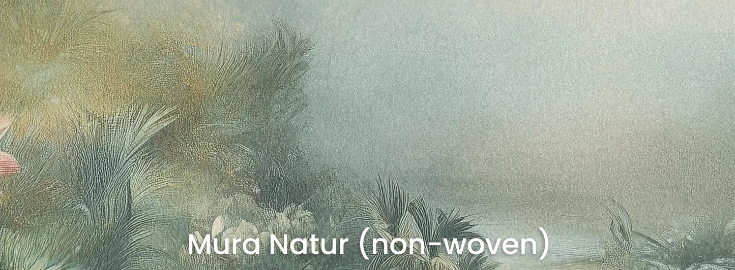 Zbliżenie na fototapetę MYSTICAL DAWN - tapeta z tropikalną mglistą scenerią na naturalnym podłożu ekologicznym.