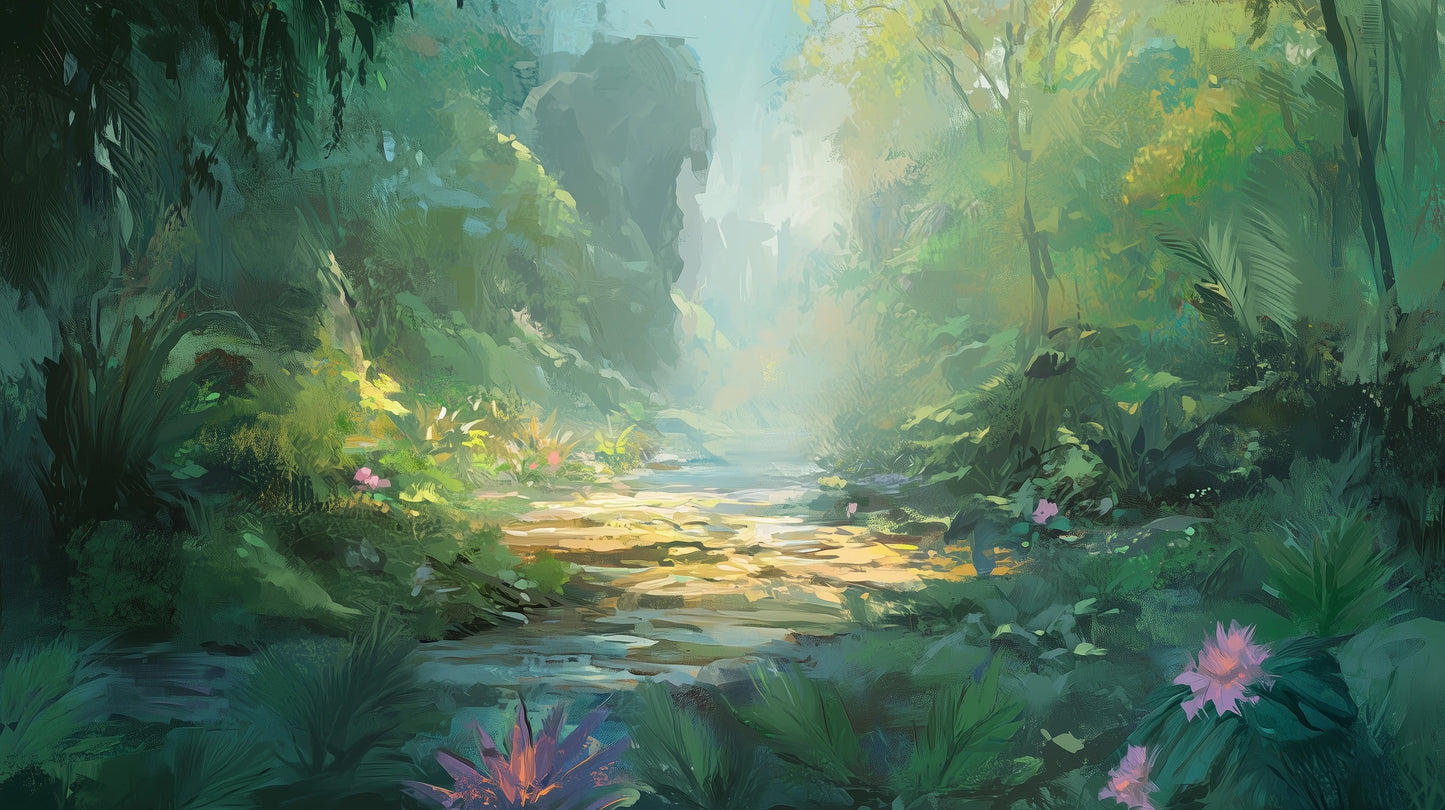 Prezentacja całego wzoru fototapety o nazwie ENCHANTED STREAM - tapeta z magicznym leśnym strumieniem