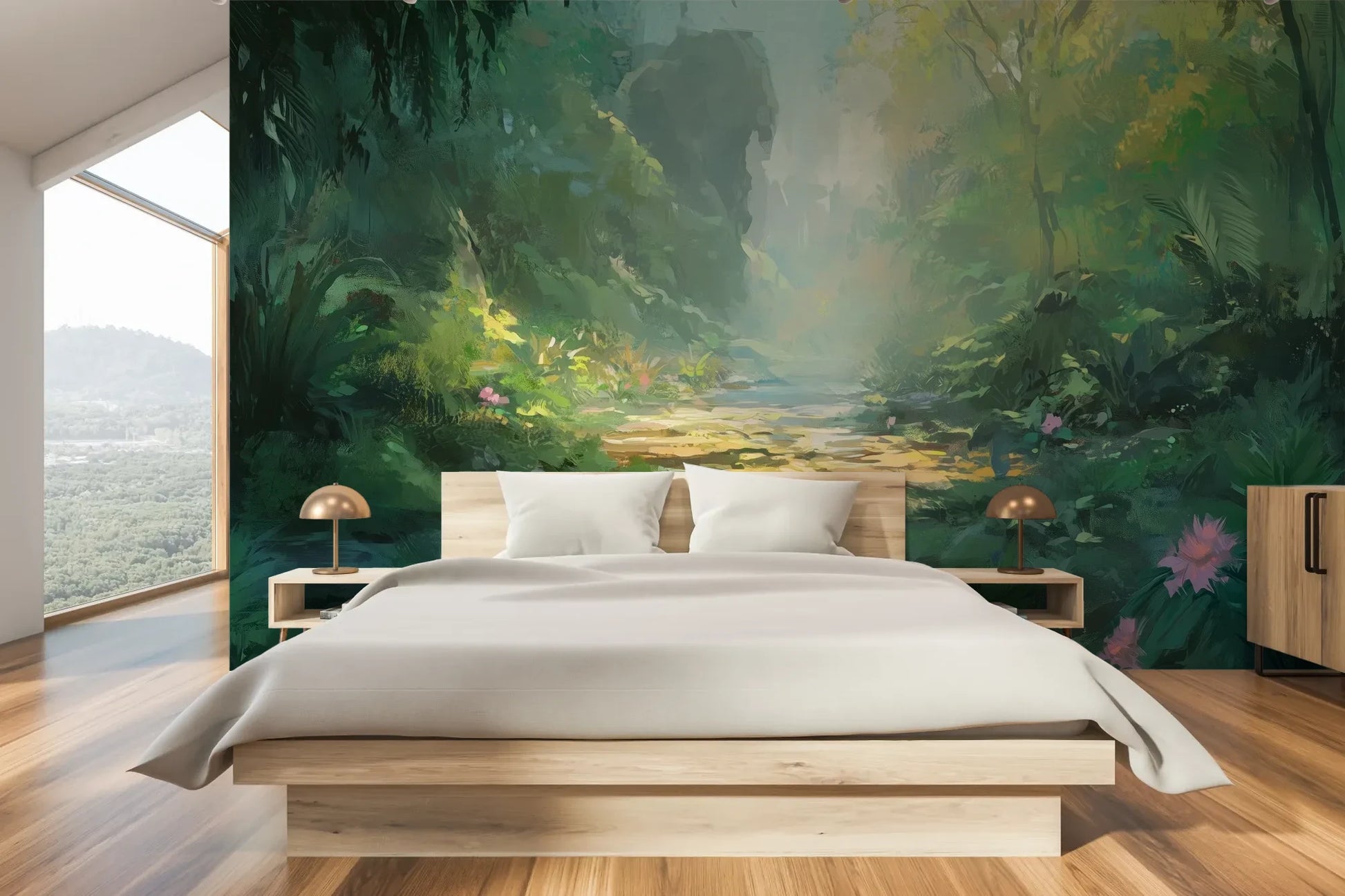 Wzór fototapety ENCHANTED STREAM - tapeta z magicznym leśnym strumieniem pokazanej w aranżacji sypialni.