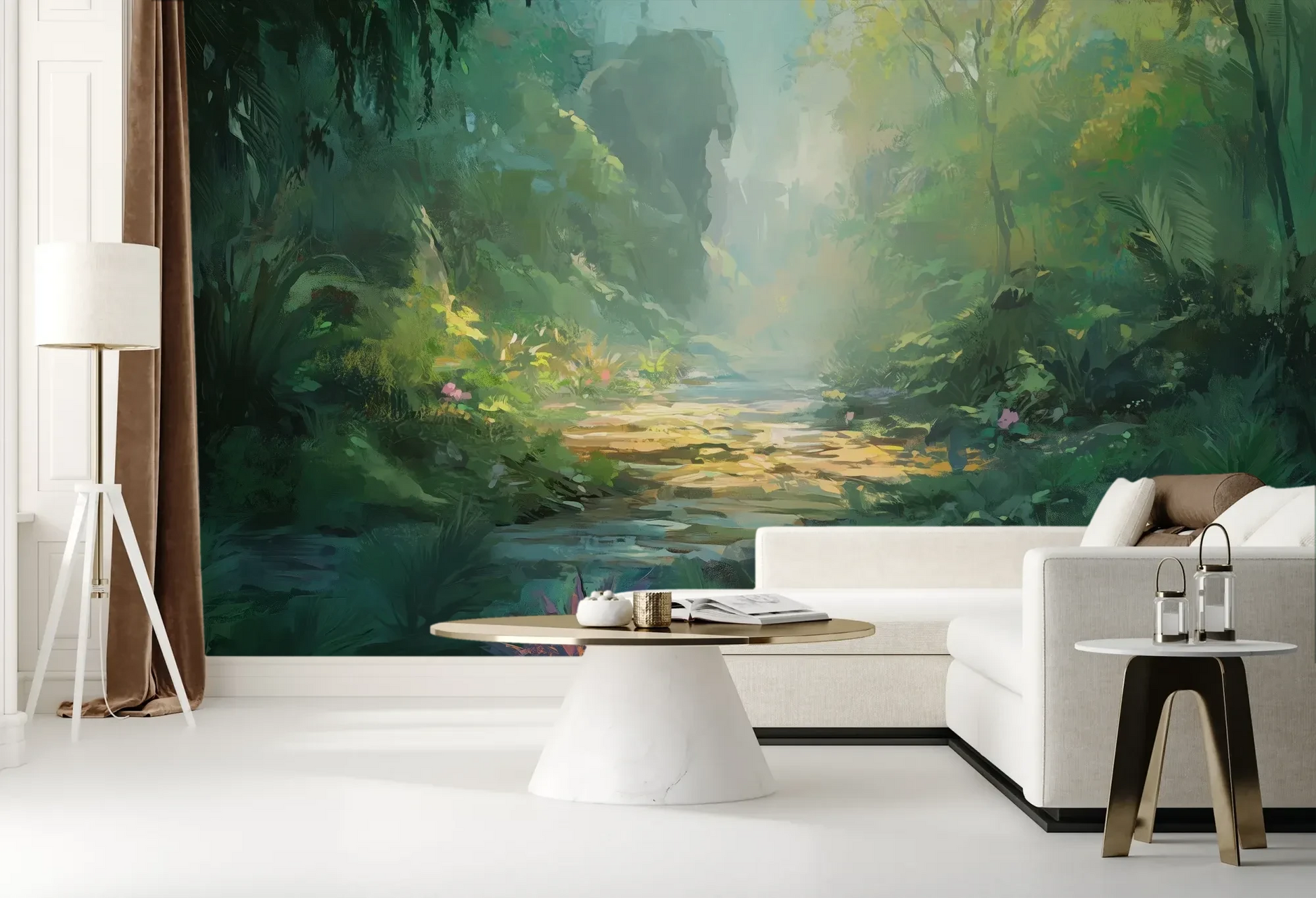 Wzór fototapety ENCHANTED STREAM - tapeta z magicznym leśnym strumieniem pokazanej w aranżacji salonu.