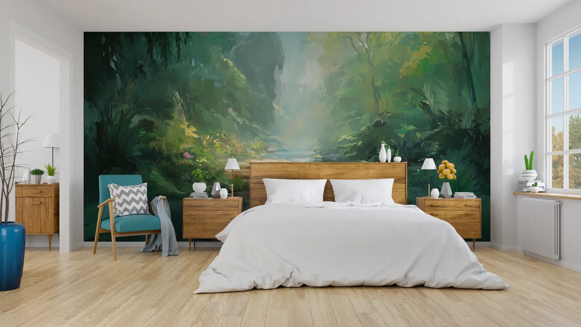 Wzór fototapety ENCHANTED STREAM - tapeta z magicznym leśnym strumieniem pokazanej w aranżacji sypialni.