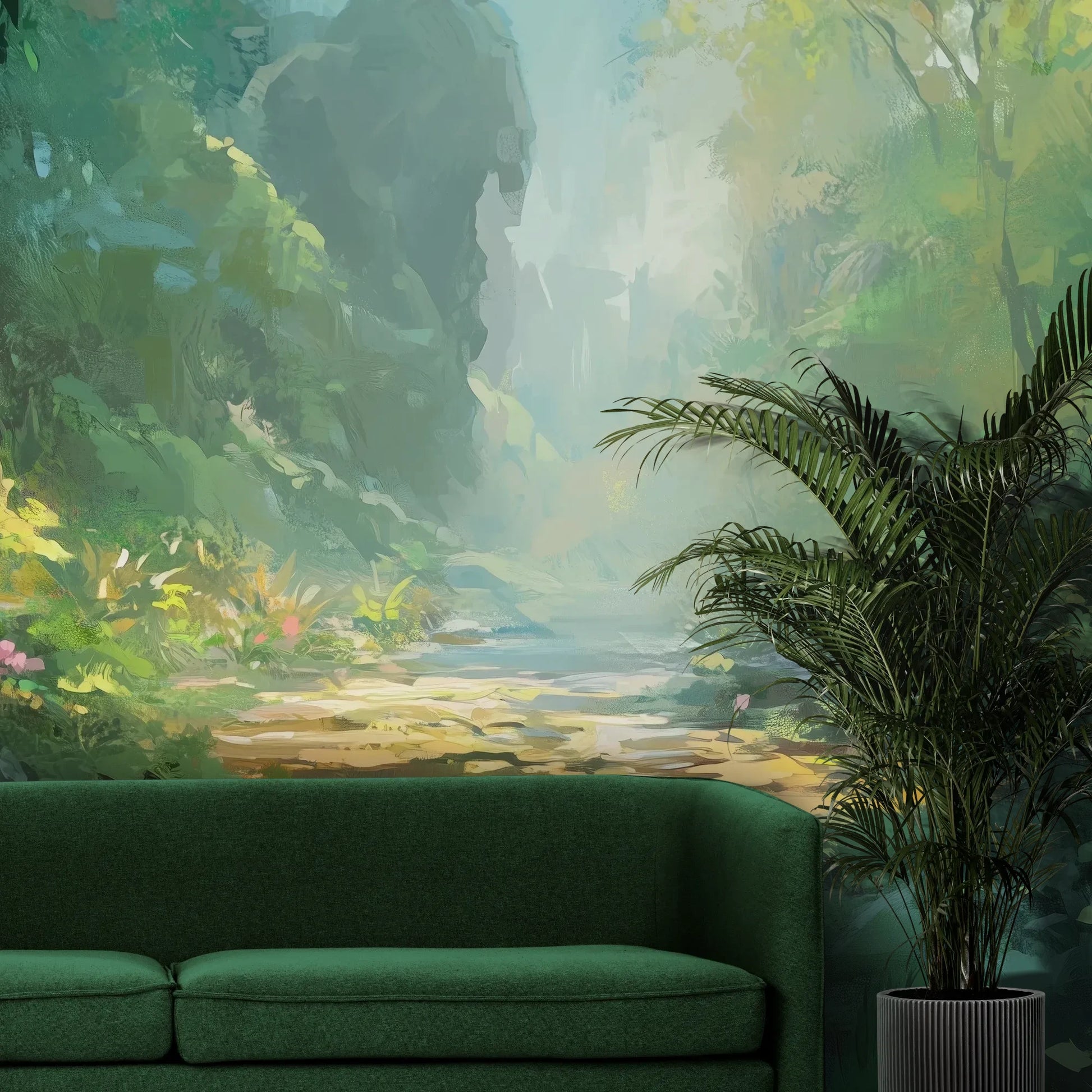 Fototapeta ENCHANTED STREAM - tapeta z magicznym leśnym strumieniem pokazana w aranżacji wnętrza z akcentem na ścianie.