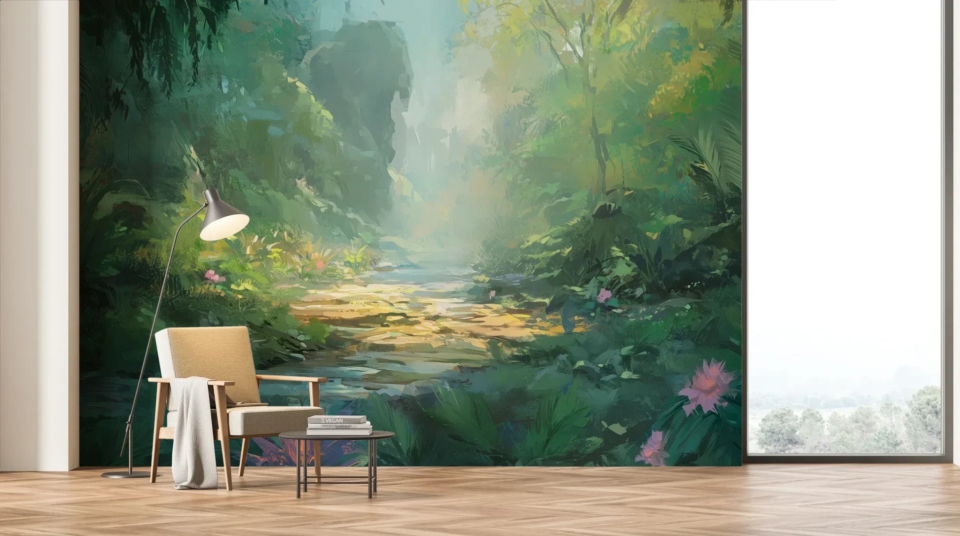Wzór fototapety ENCHANTED STREAM - tapeta z magicznym leśnym strumieniem pokazanej w aranżacji salonu.