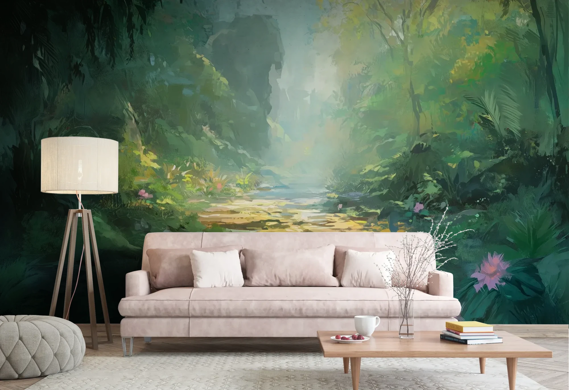 Wzór fototapety ENCHANTED STREAM - tapeta z magicznym leśnym strumieniem pokazanej w aranżacji salonu.