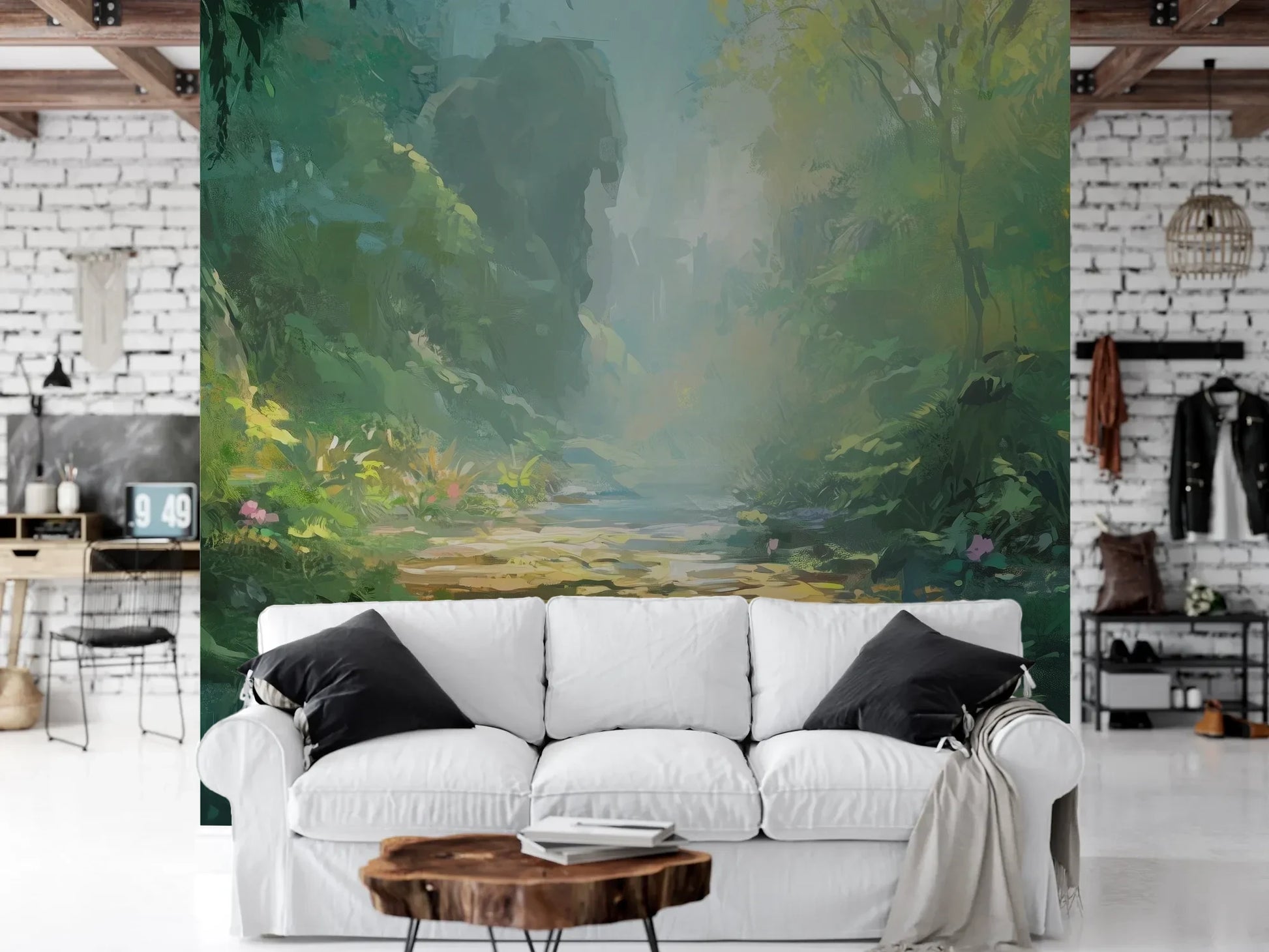 Wzór fototapety ENCHANTED STREAM - tapeta z magicznym leśnym strumieniem pokazanej w aranżacji salonu.