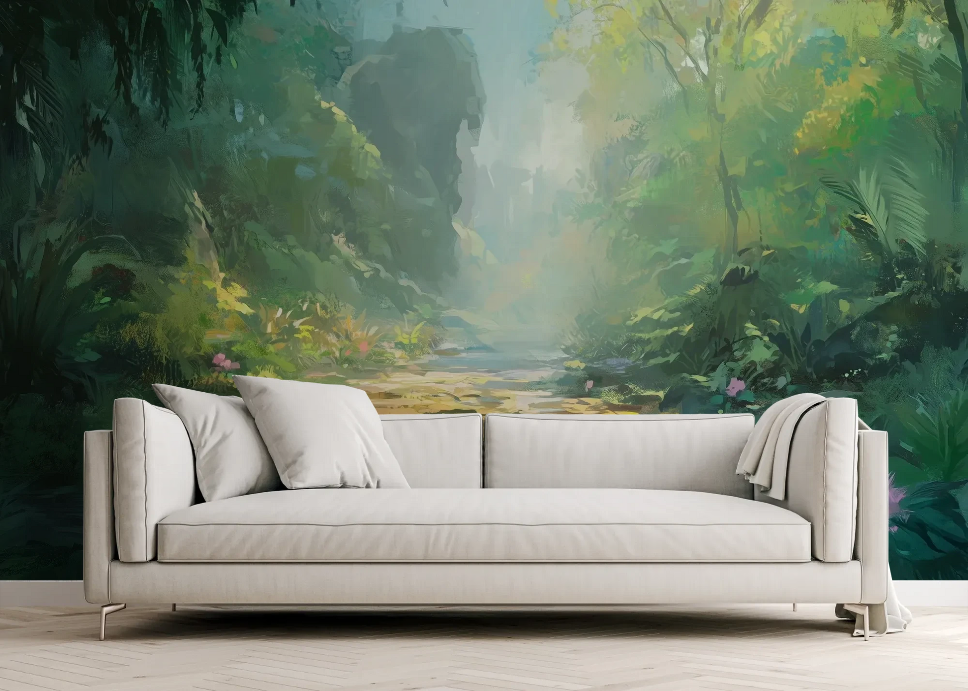 Wzór fototapety ENCHANTED STREAM - tapeta z magicznym leśnym strumieniem pokazanej w aranżacji salonu.