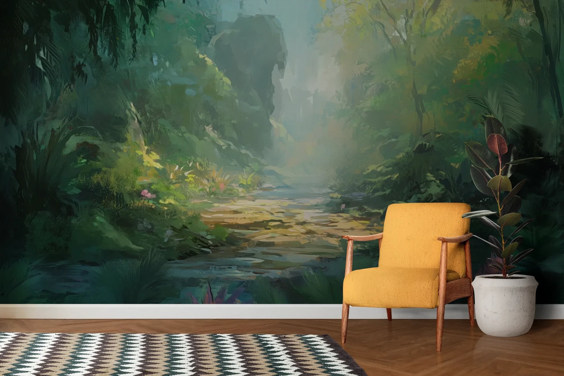 Wzór fototapety ENCHANTED STREAM - tapeta z magicznym leśnym strumieniem pokazanej w aranżacji salonu.