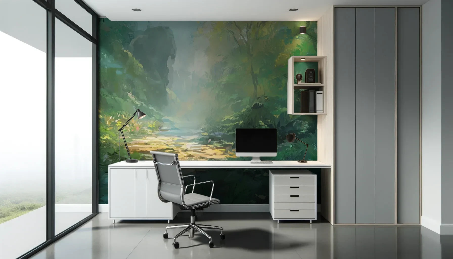 Fototapeta ENCHANTED STREAM - tapeta z magicznym leśnym strumieniem pokazana w aranżacji biura.