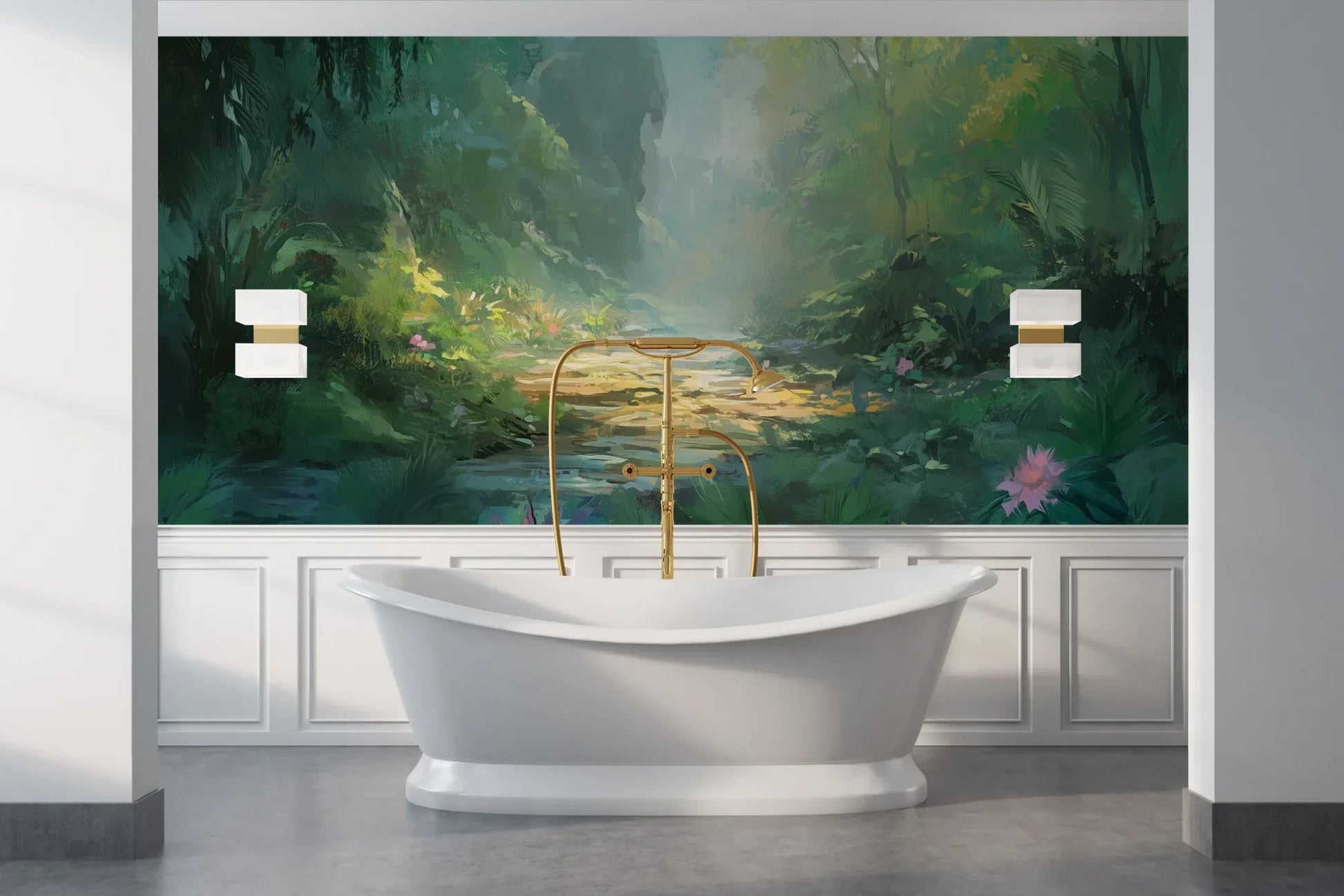Wzór fototapety ENCHANTED STREAM - tapeta z magicznym leśnym strumieniem pokazanej w aranżacji łazienki.